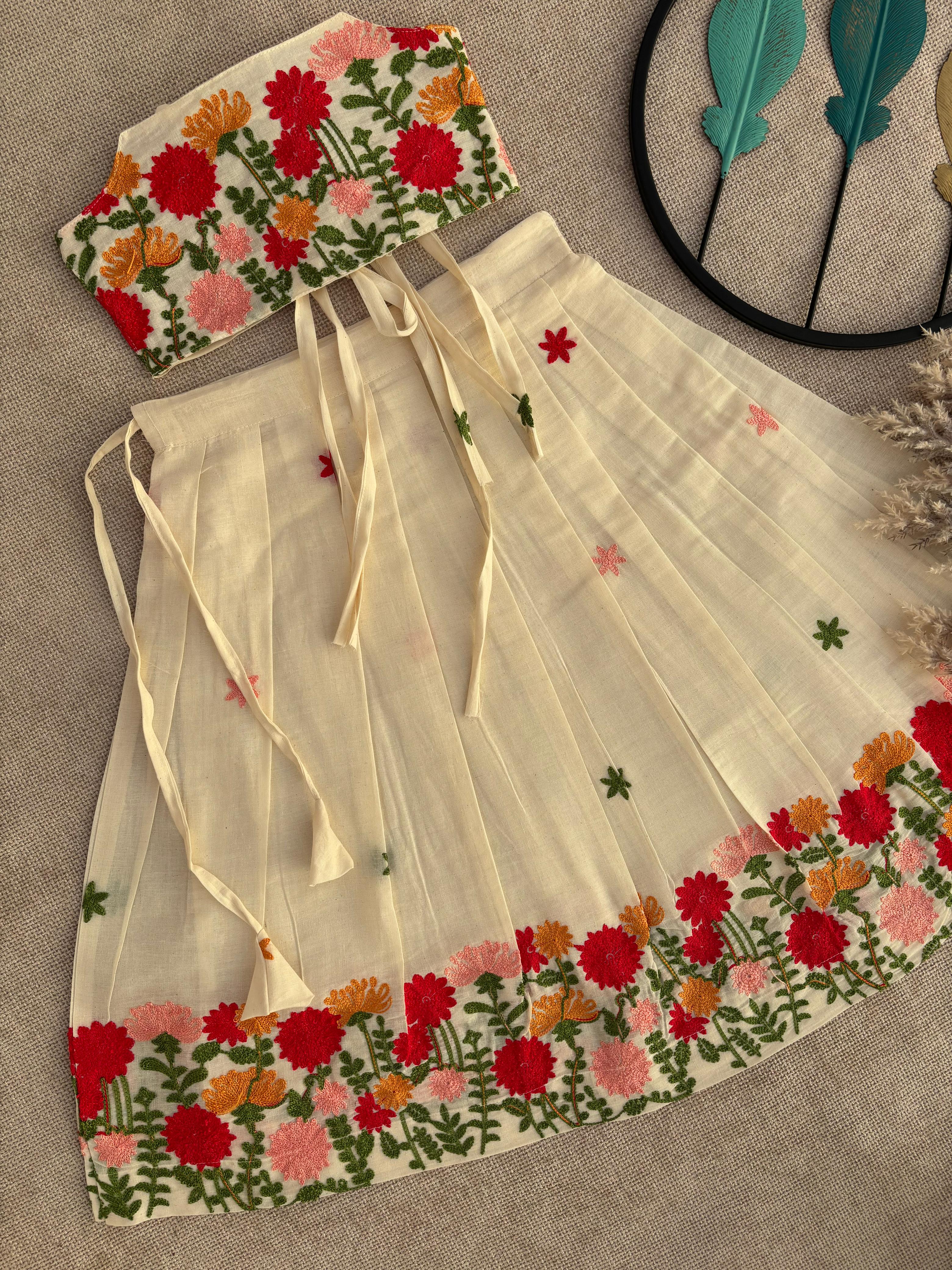 Cream Floral Embroidered Lehenga Choli Set for Girls
