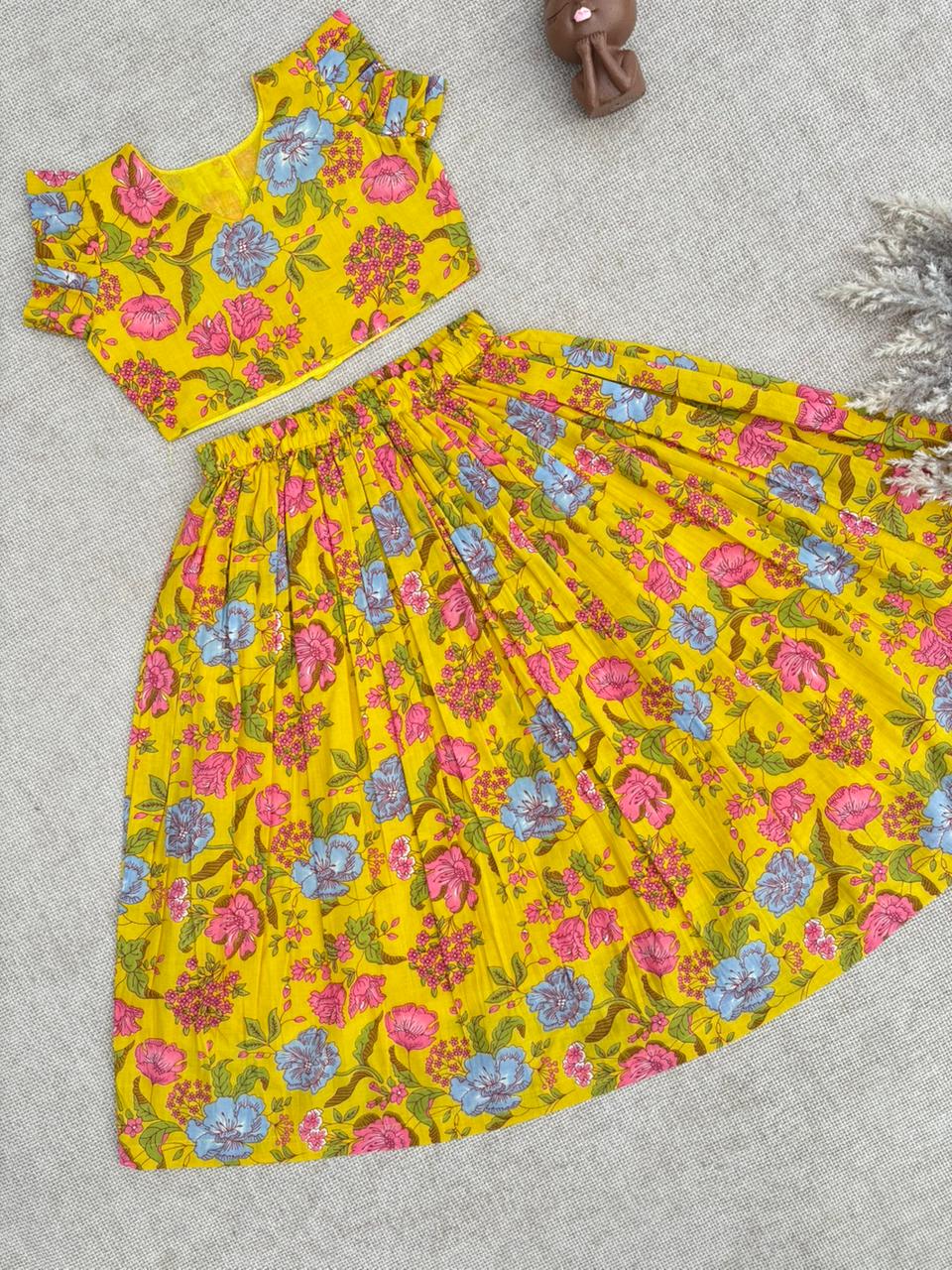 Girls Floral Yellow Crop Top & Skirt Set