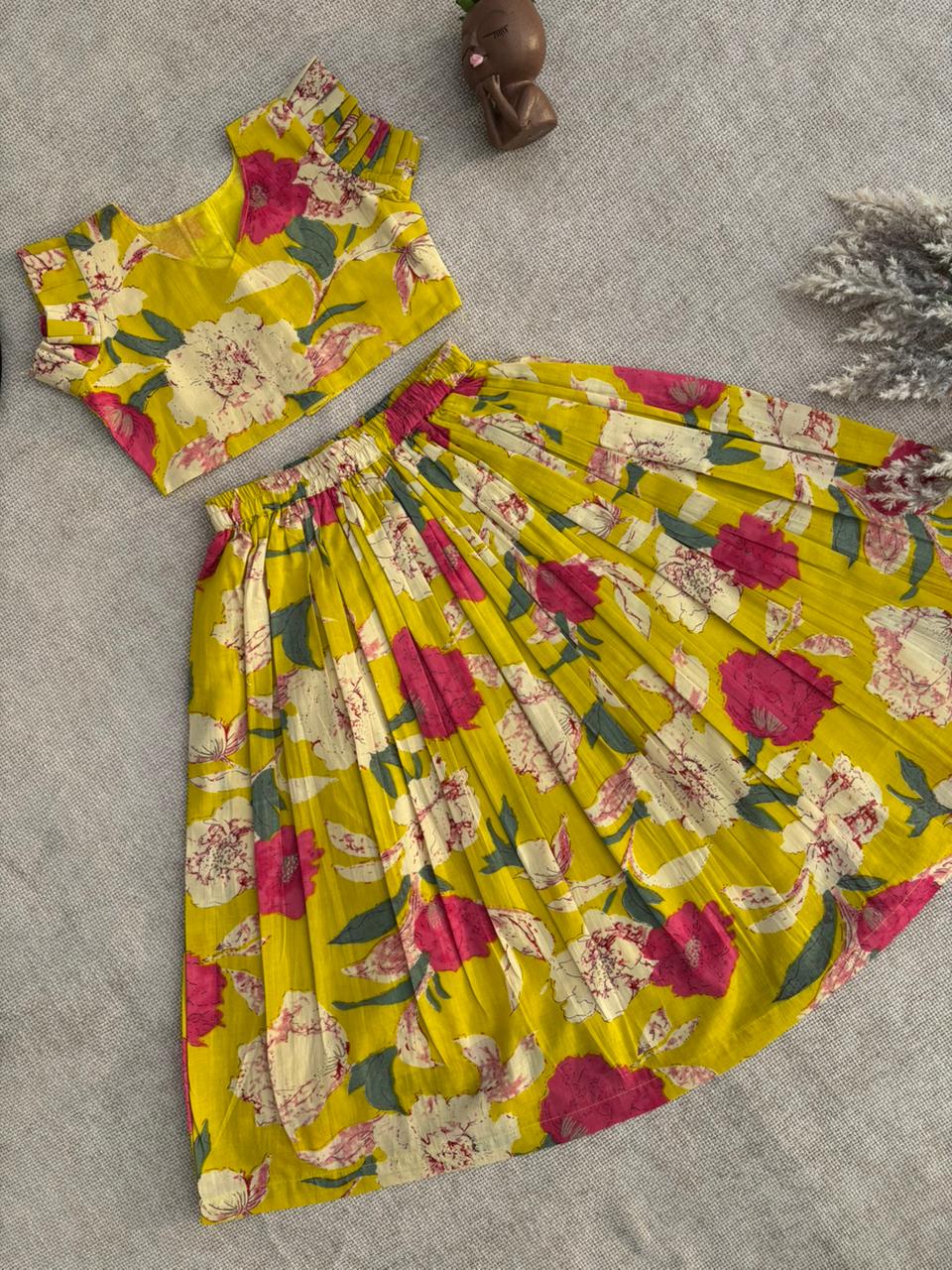 Girls Yellow Floral Crop Top & Skirt Set
