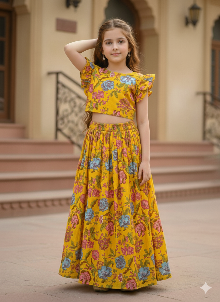Girls Floral Yellow Crop Top & Skirt Set
