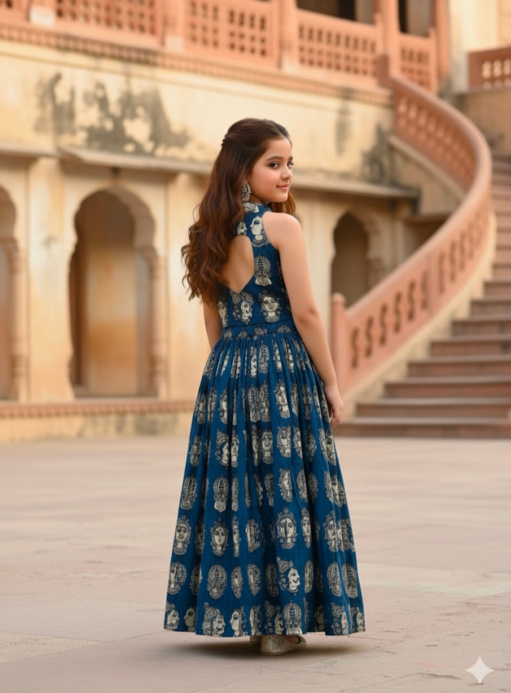 Girls’ Ethnic Printed Crop Top with Flared Skirt