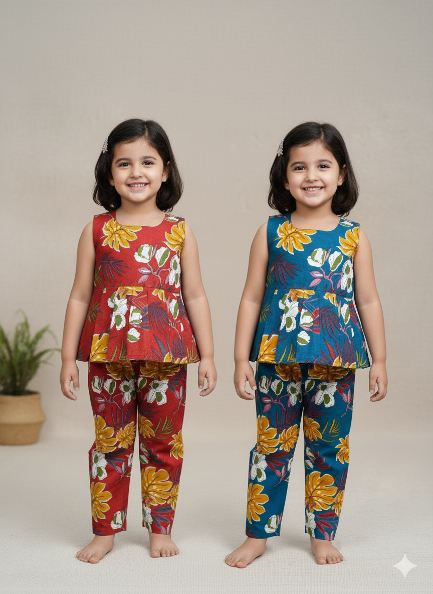 Girls’ Floral Printed Peplum Top with Pant Set