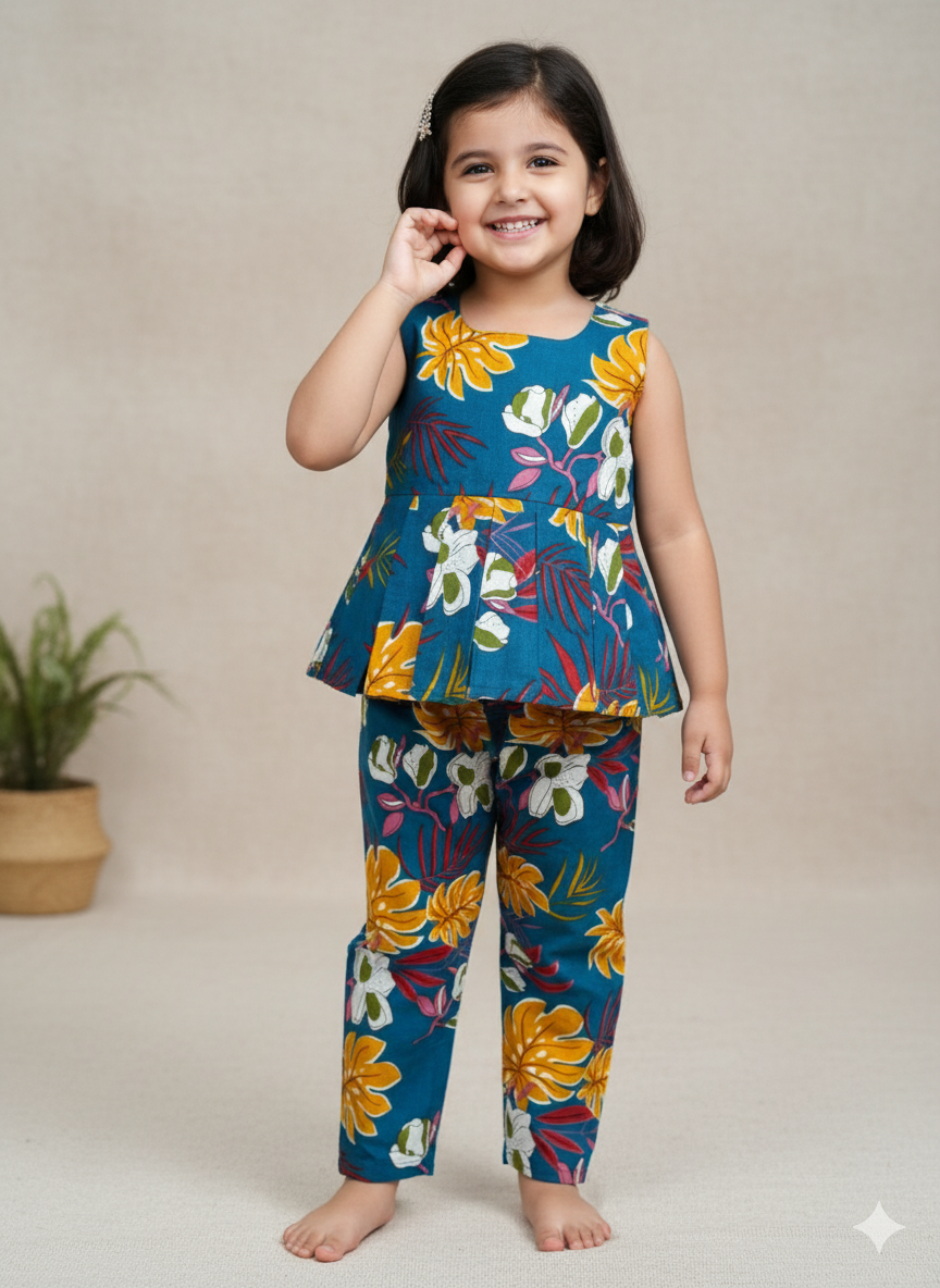Girls’ Floral Printed Peplum Top with Pant Set