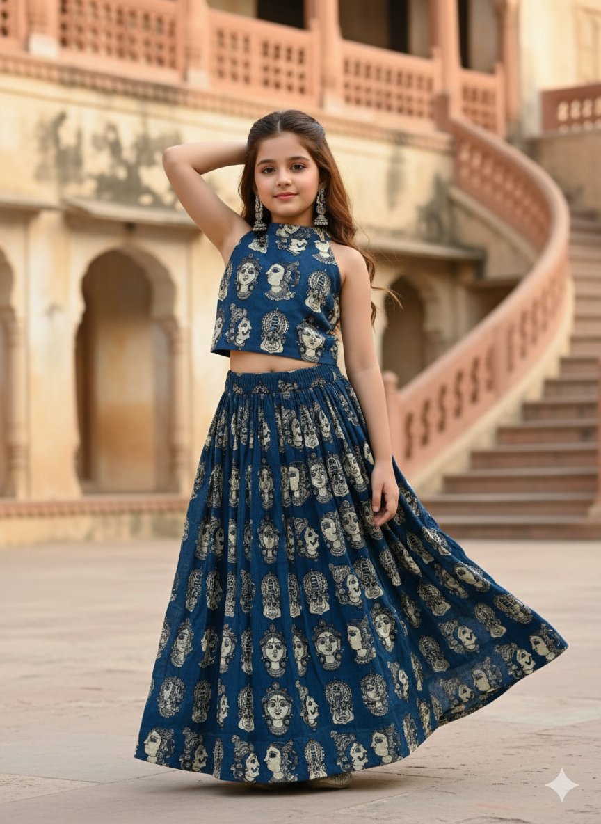 Girls’ Ethnic Printed Crop Top with Flared Skirt