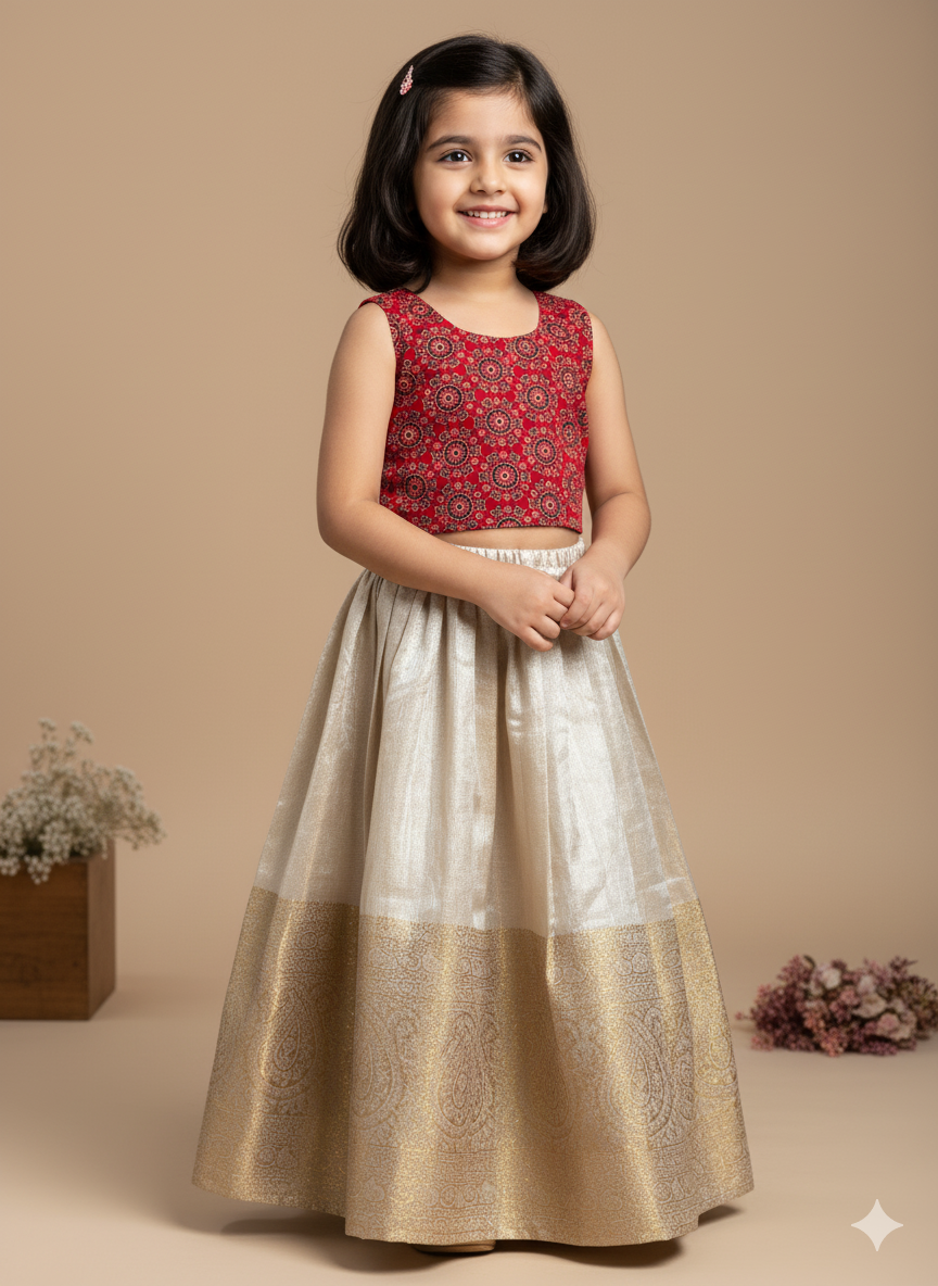 Brocade Skirt & Pour Cotton Printed Top
