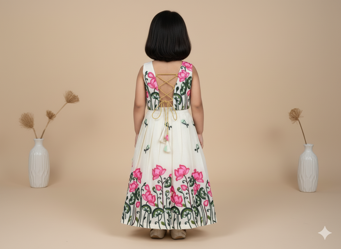 Girls White Lotus Embroidered Crop Top & Skirt Set