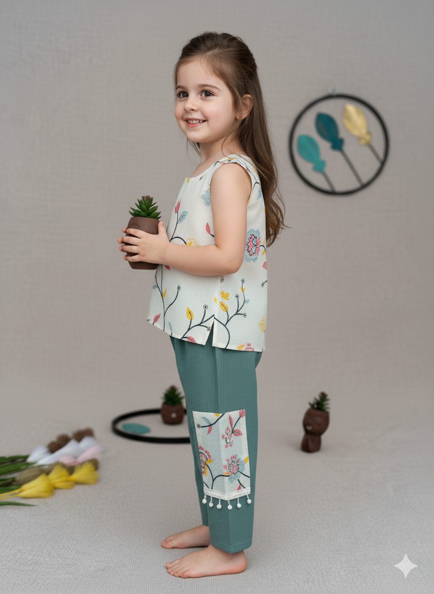 “Girls Embroidary work Top & Green Palazzo Set – Stylish Kids Wear”