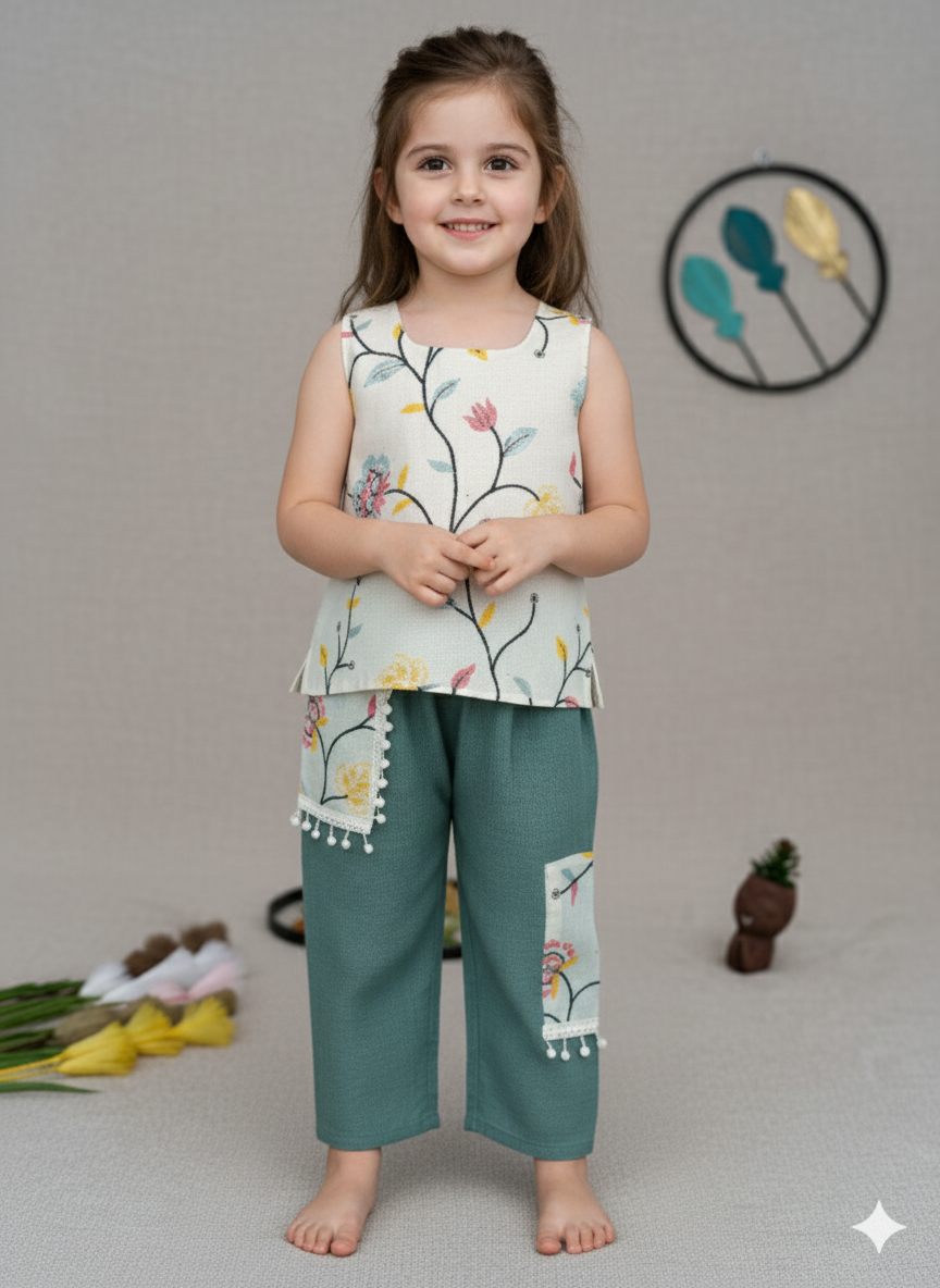 “Girls Embroidary work Top & Green Palazzo Set – Stylish Kids Wear”