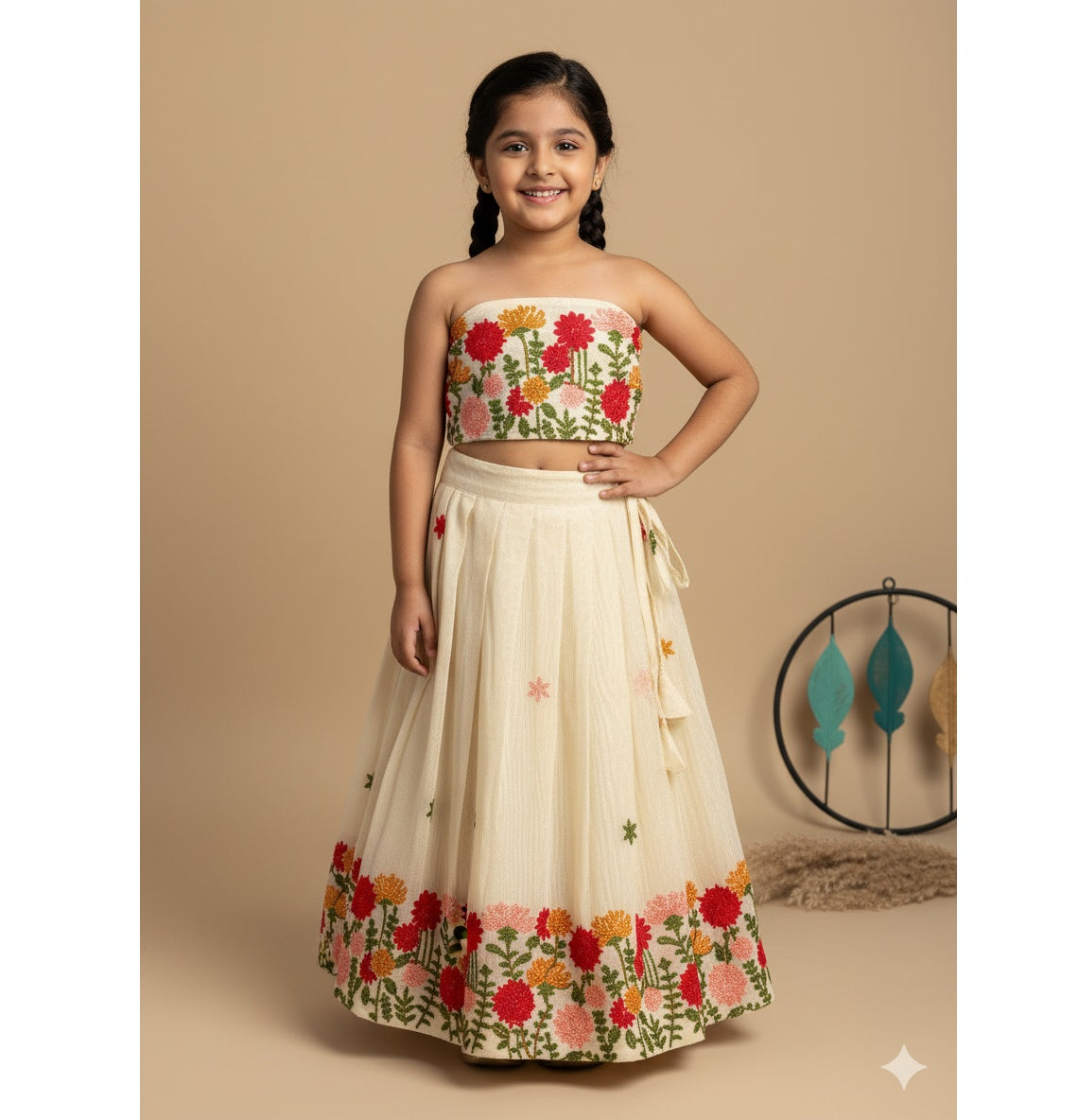 Cream Floral Embroidered Lehenga Choli Set for Girls