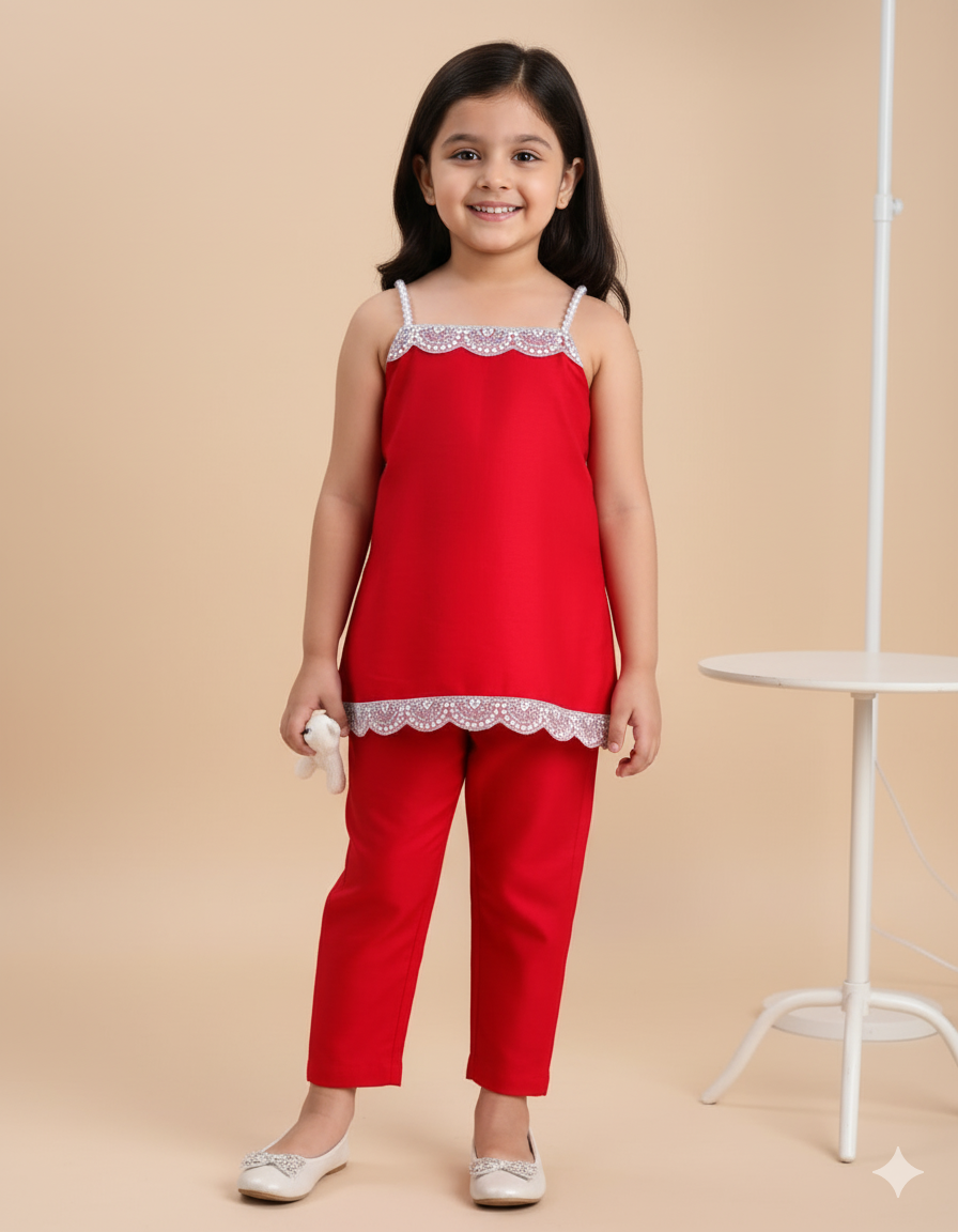 Kids’ Red Co-Ord Set with Lace Detailing