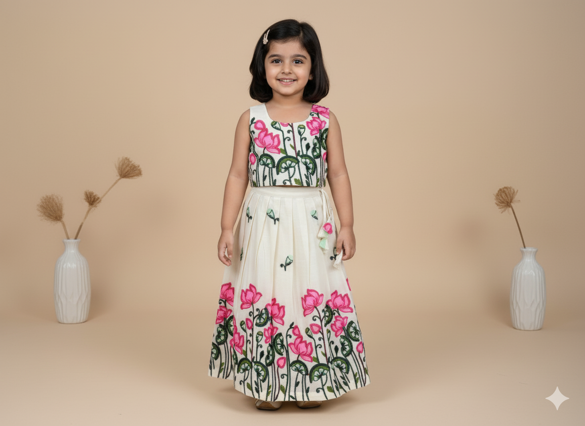 Girls White Lotus Embroidered Crop Top & Skirt Set