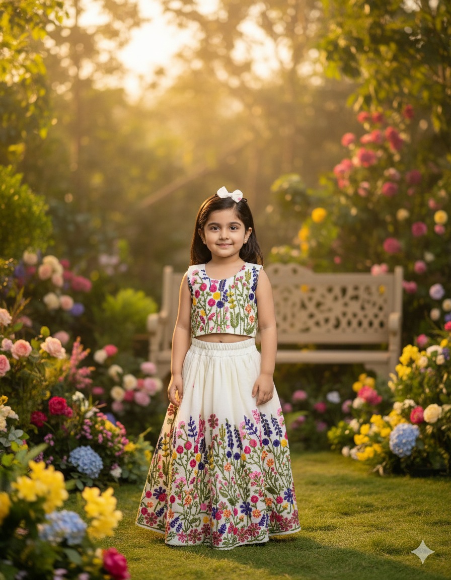 Ivory Floral Embroidered Kids Lehenga Set