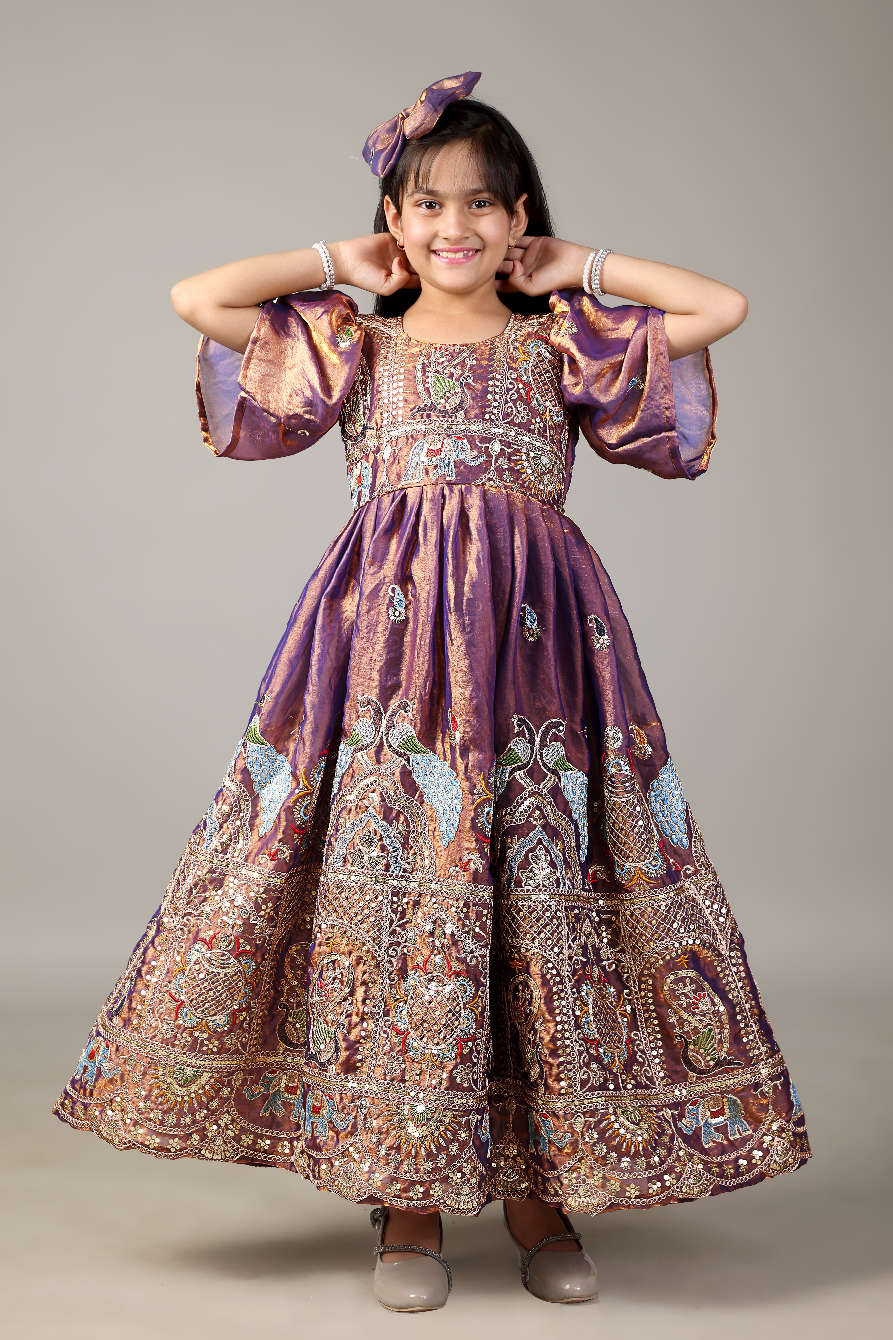 Baby Girl Brown Embroidered Party Wear Gown with Sleeves