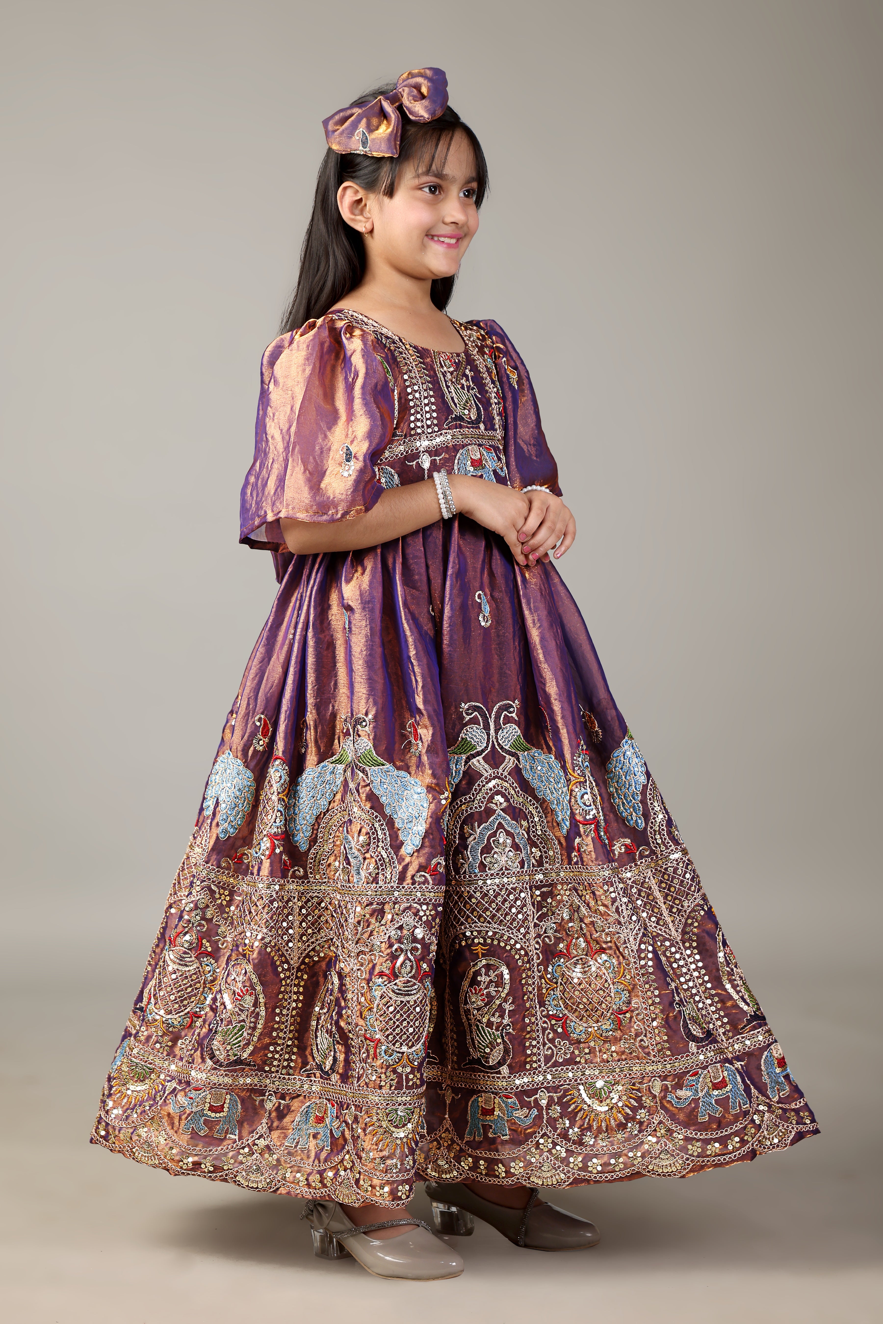 Baby Girl Brown Embroidered Party Wear Gown with Sleeves