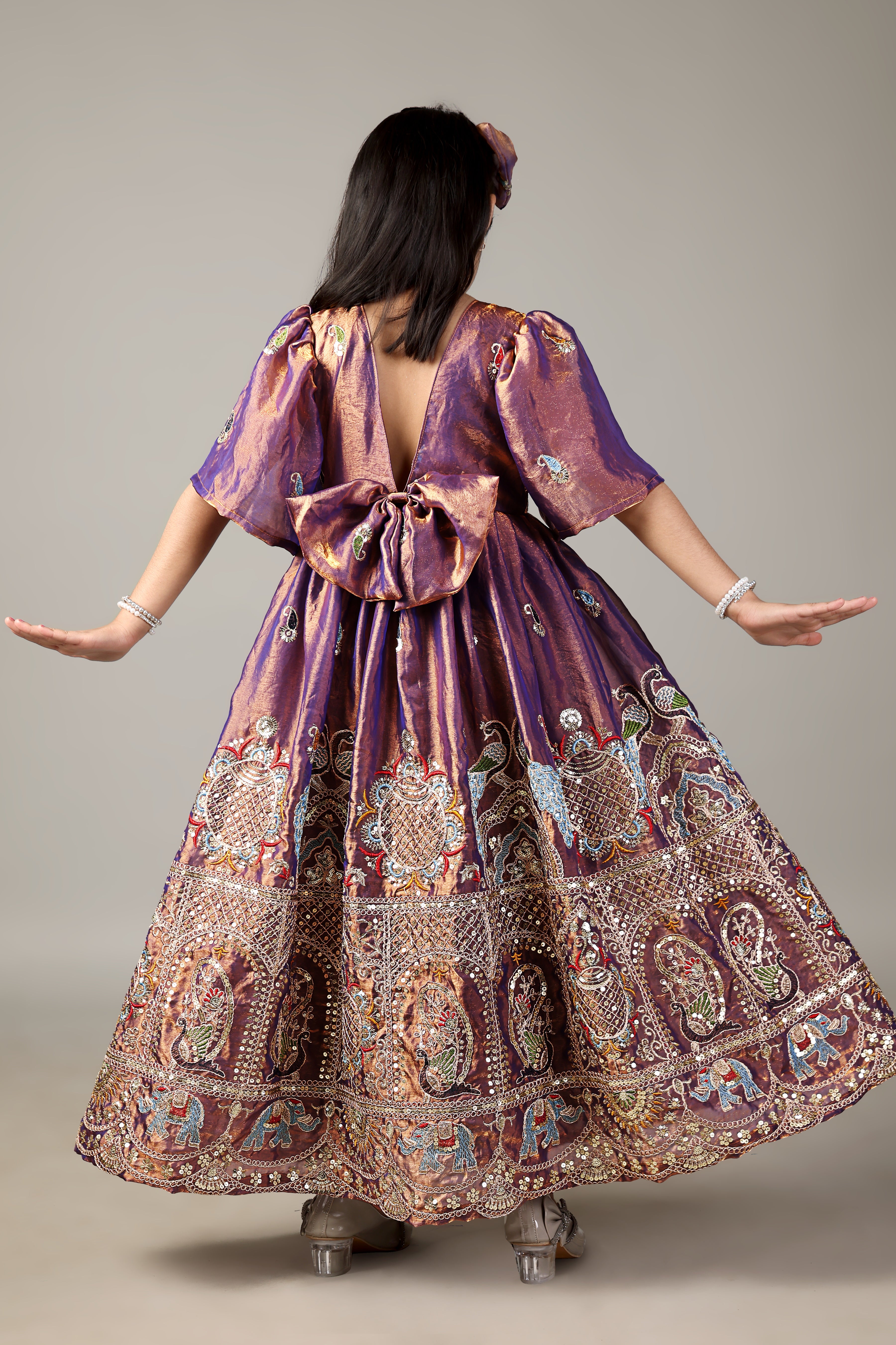 Baby Girl Brown Embroidered Party Wear Gown with Sleeves