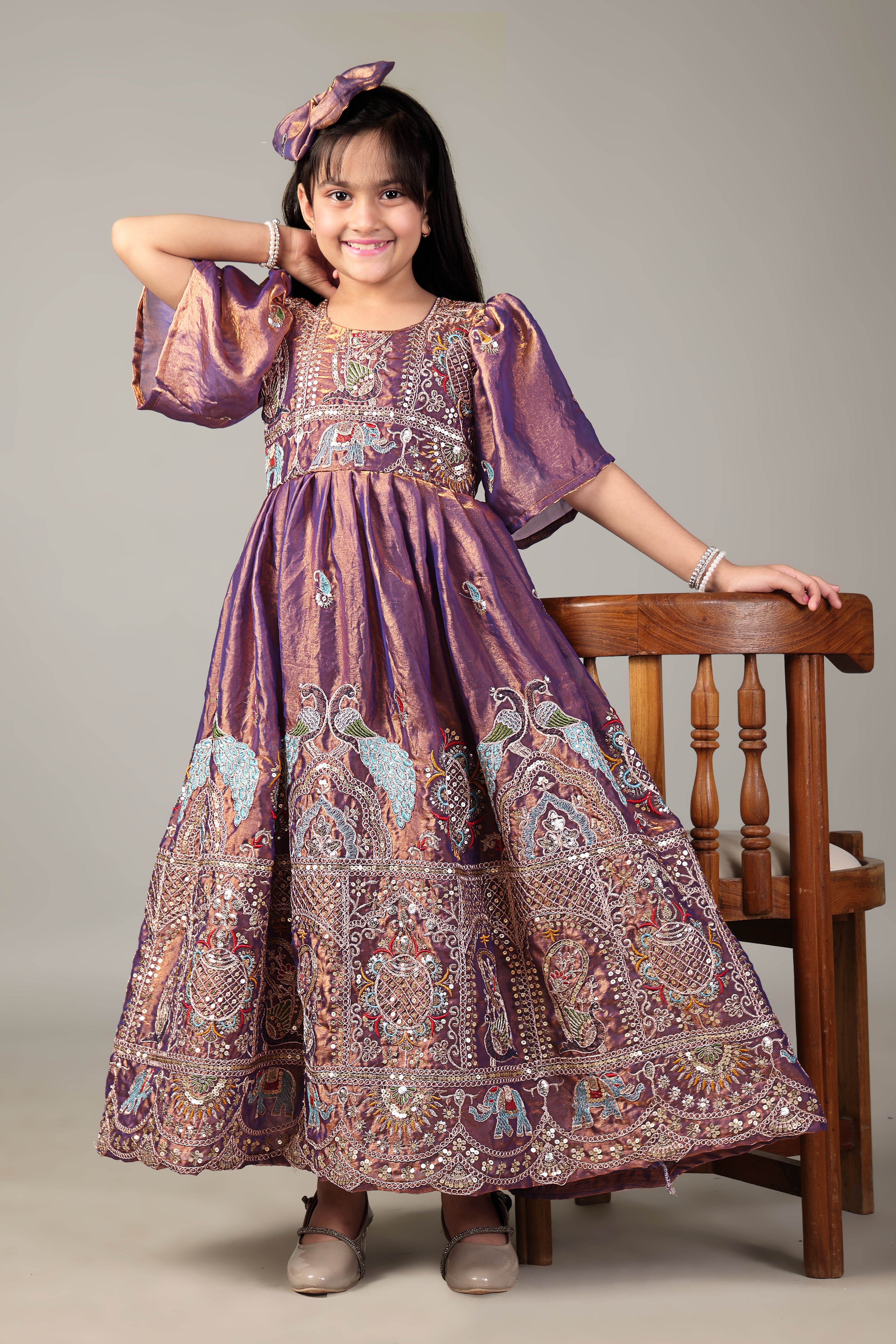 Baby Girl Brown Embroidered Party Wear Gown with Sleeves
