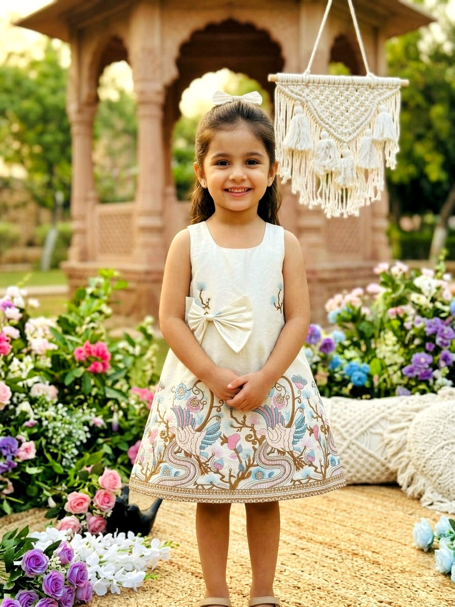 Girls Premium Peacock & Floral Embroidered Frock – Off White Designer Party Dress