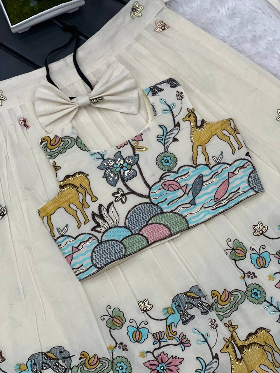 Baby Girl Ivory Embroidered Ethnic Dress Set with Bow