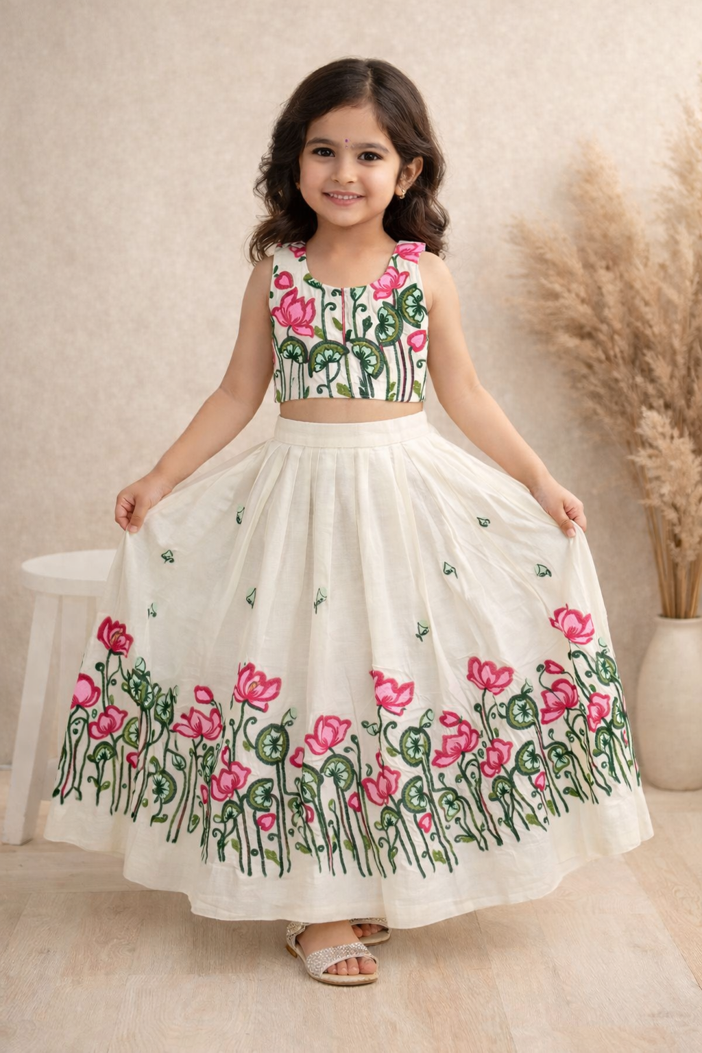 Girls White Lotus Embroidered Crop Top & Skirt Set