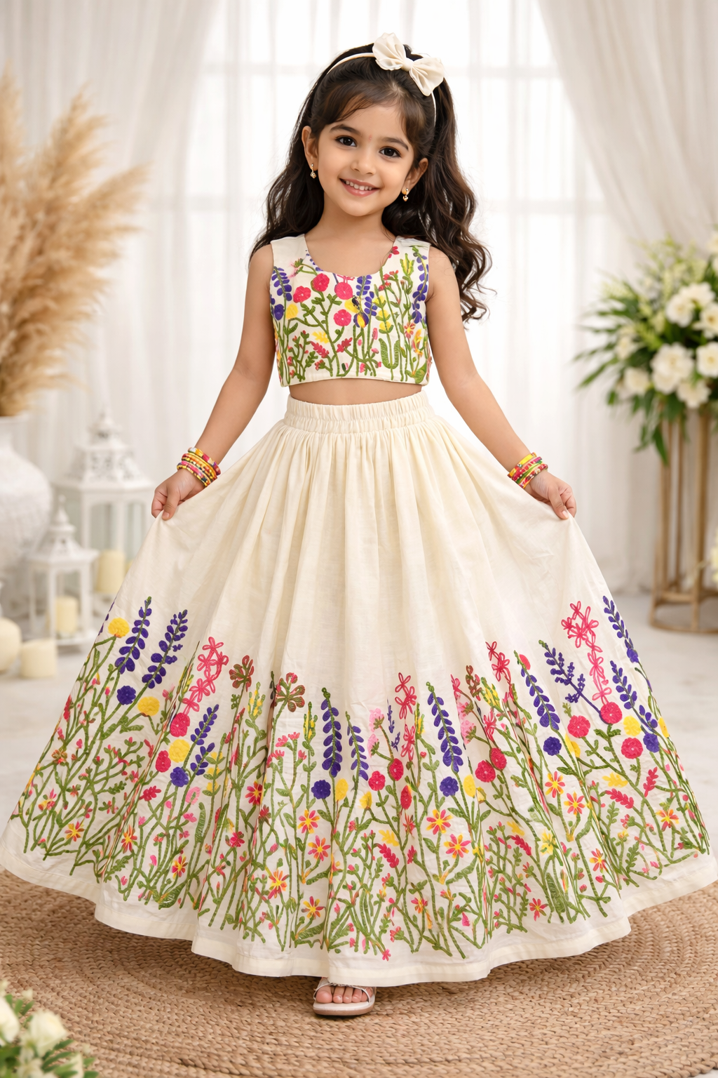 Ivory Floral Embroidered Kids Lehenga Set