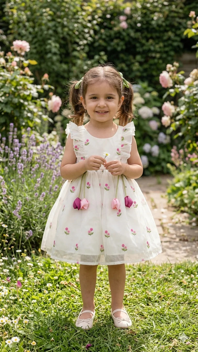 Ivory Tulip Charm Chanderi Silk Ruffled Frock for Girls