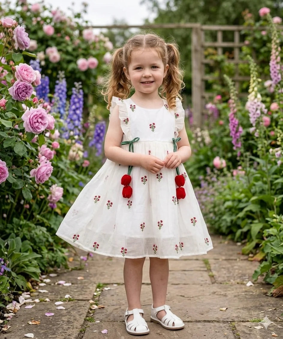Ivory Bloom Red Floral Embroidered Chanderi Silk Frock for Girls