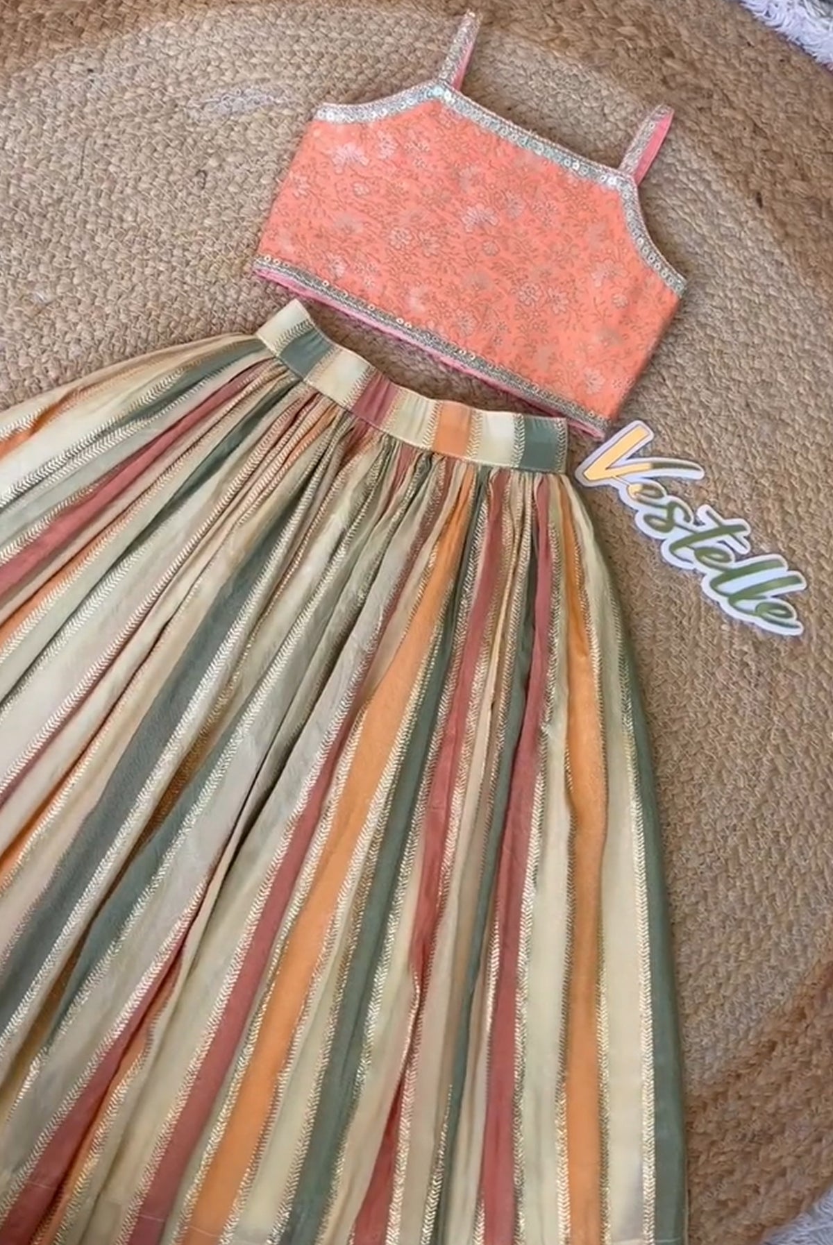 Peach Floral Brocade Top with Multicolor Striped Flared Lehenga Set for Girls