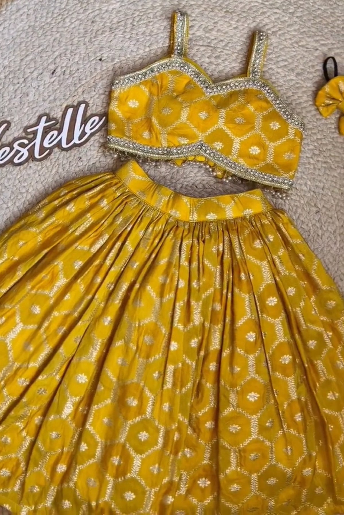 Mustard Yellow Floral Printed Embellished Lehenga Choli Set for Girls