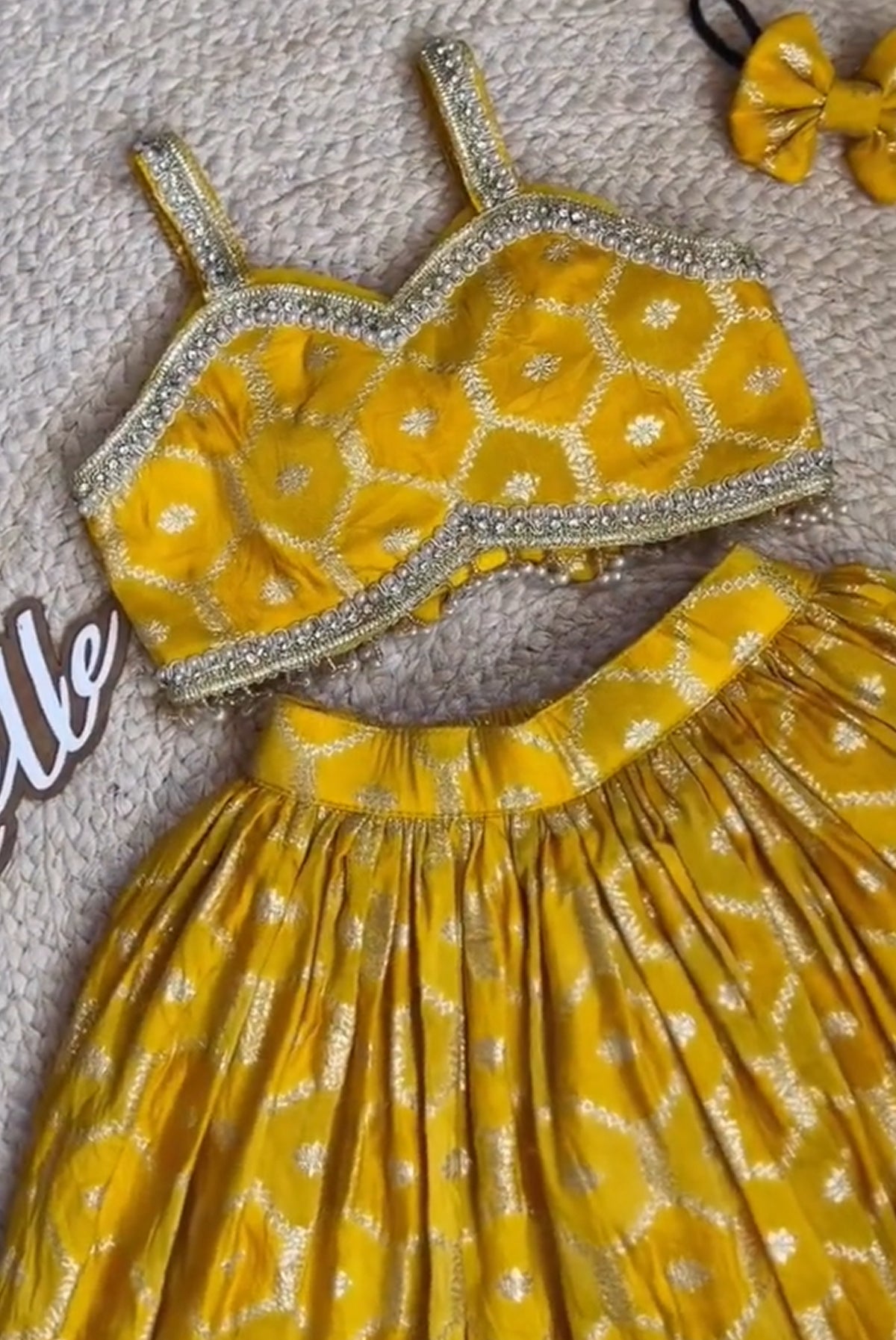 Mustard Yellow Floral Printed Embellished Lehenga Choli Set for Girls