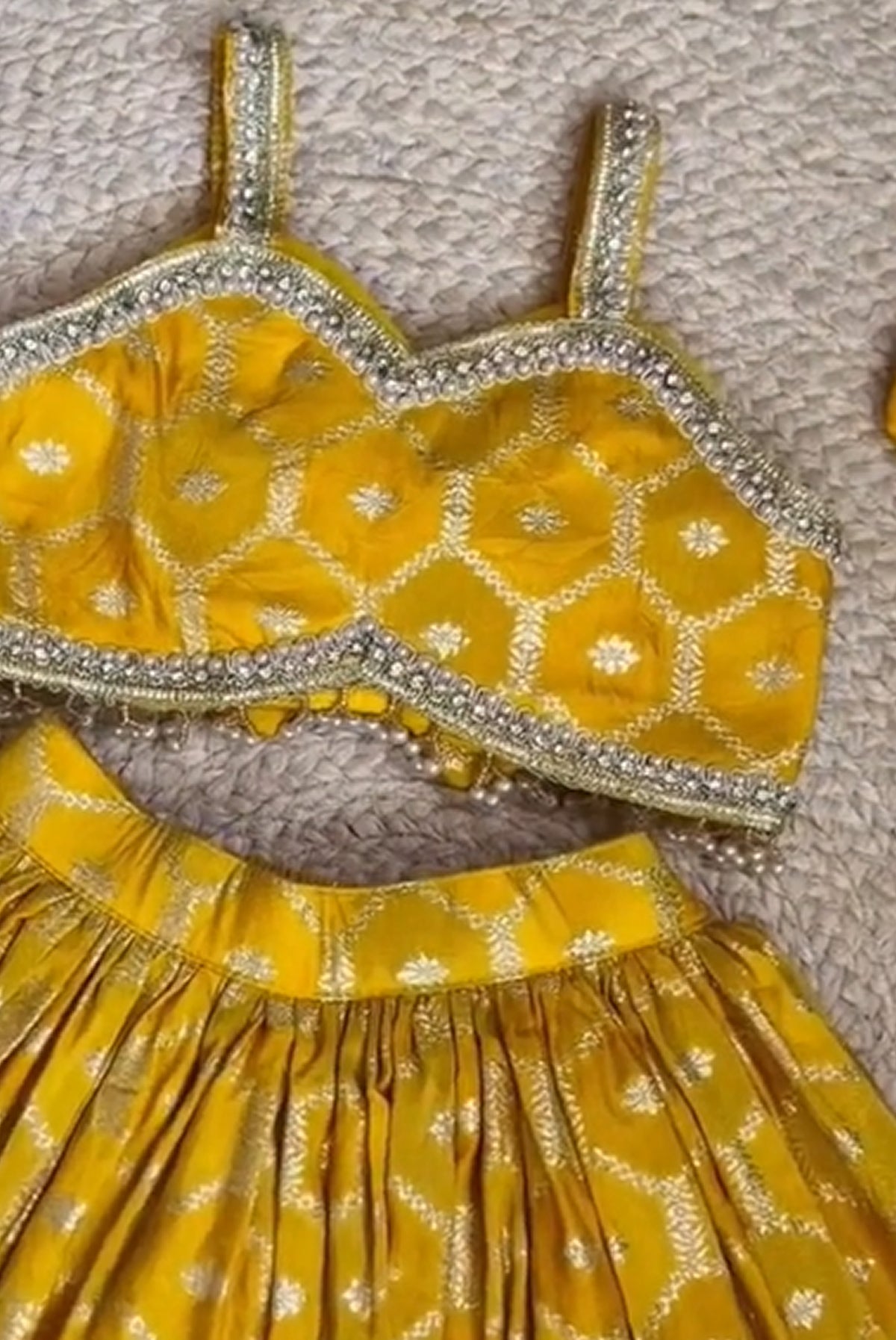 Mustard Yellow Floral Printed Embellished Lehenga Choli Set for Girls