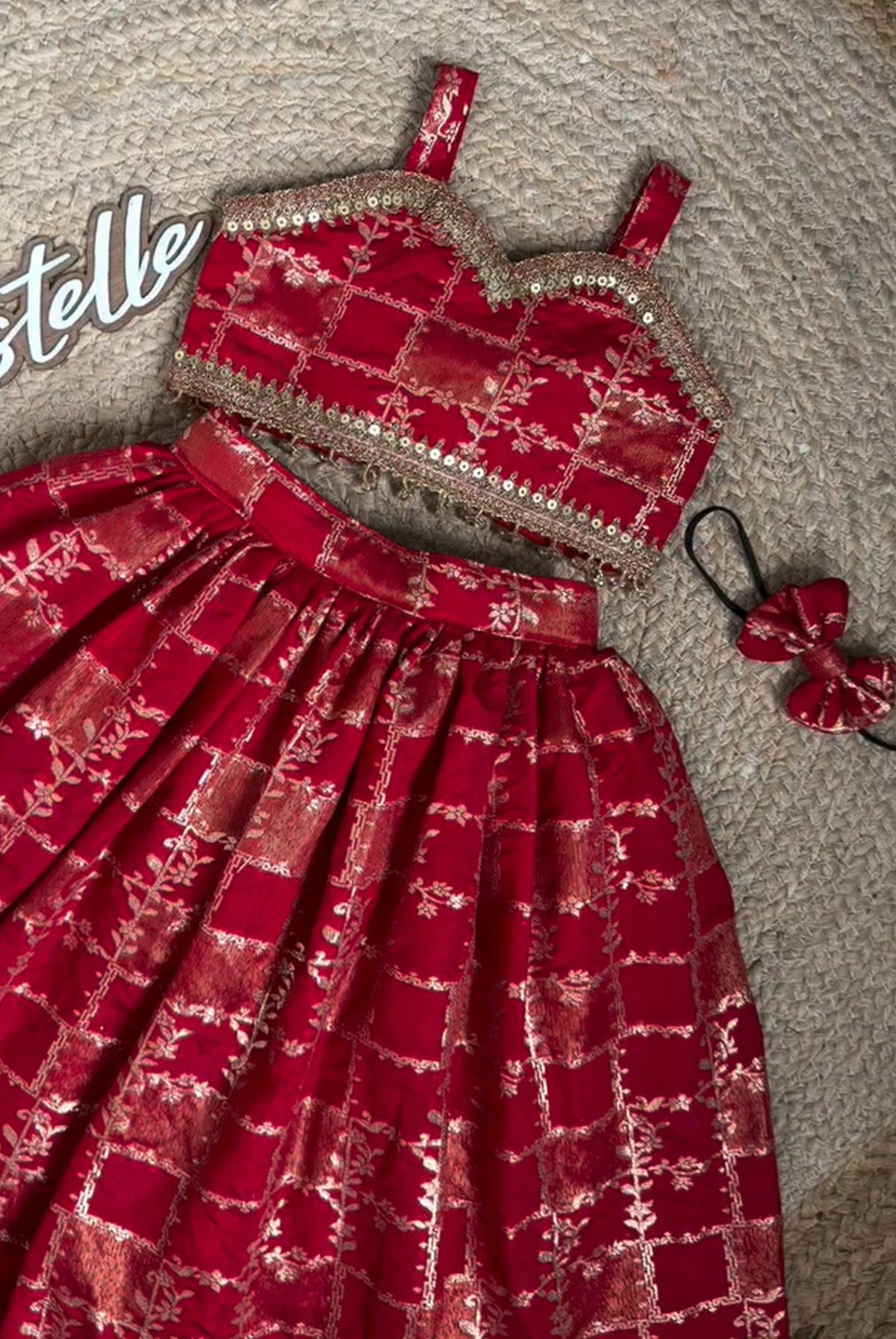 Ruby Red Floral Jacquard Lehenga Choli Set with Embellished Border for Girls