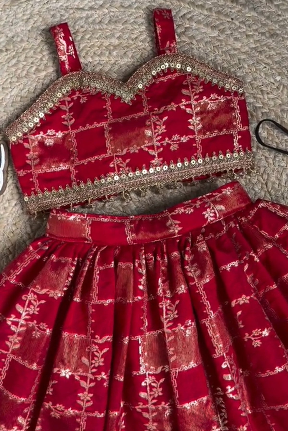 Ruby Red Floral Jacquard Lehenga Choli Set with Embellished Border for Girls