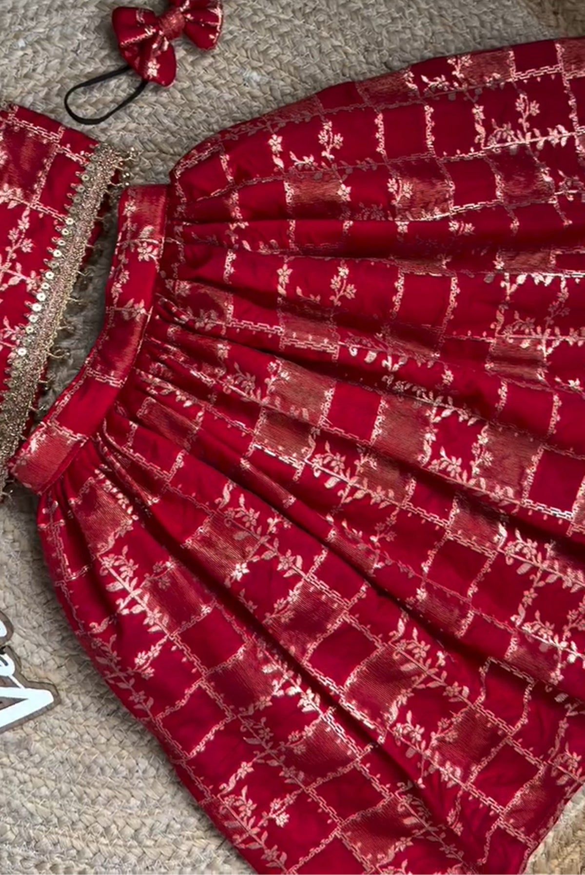 Ruby Red Floral Jacquard Lehenga Choli Set with Embellished Border for Girls