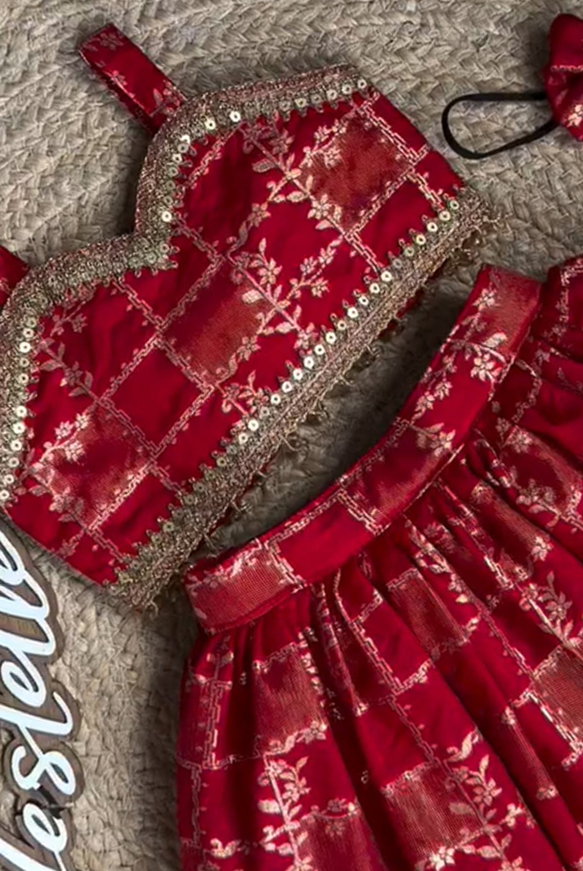 Ruby Red Floral Jacquard Lehenga Choli Set with Embellished Border for Girls