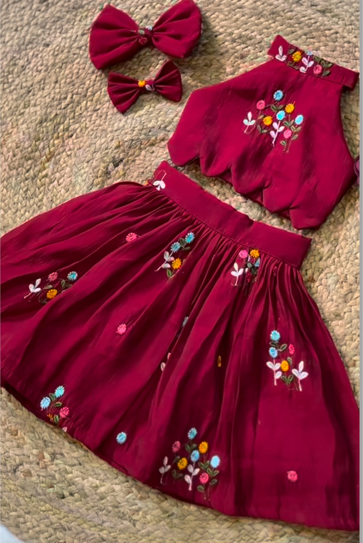 Girls Wine Embroidered Floral Party Wear Frock with Bow Hair Accessories