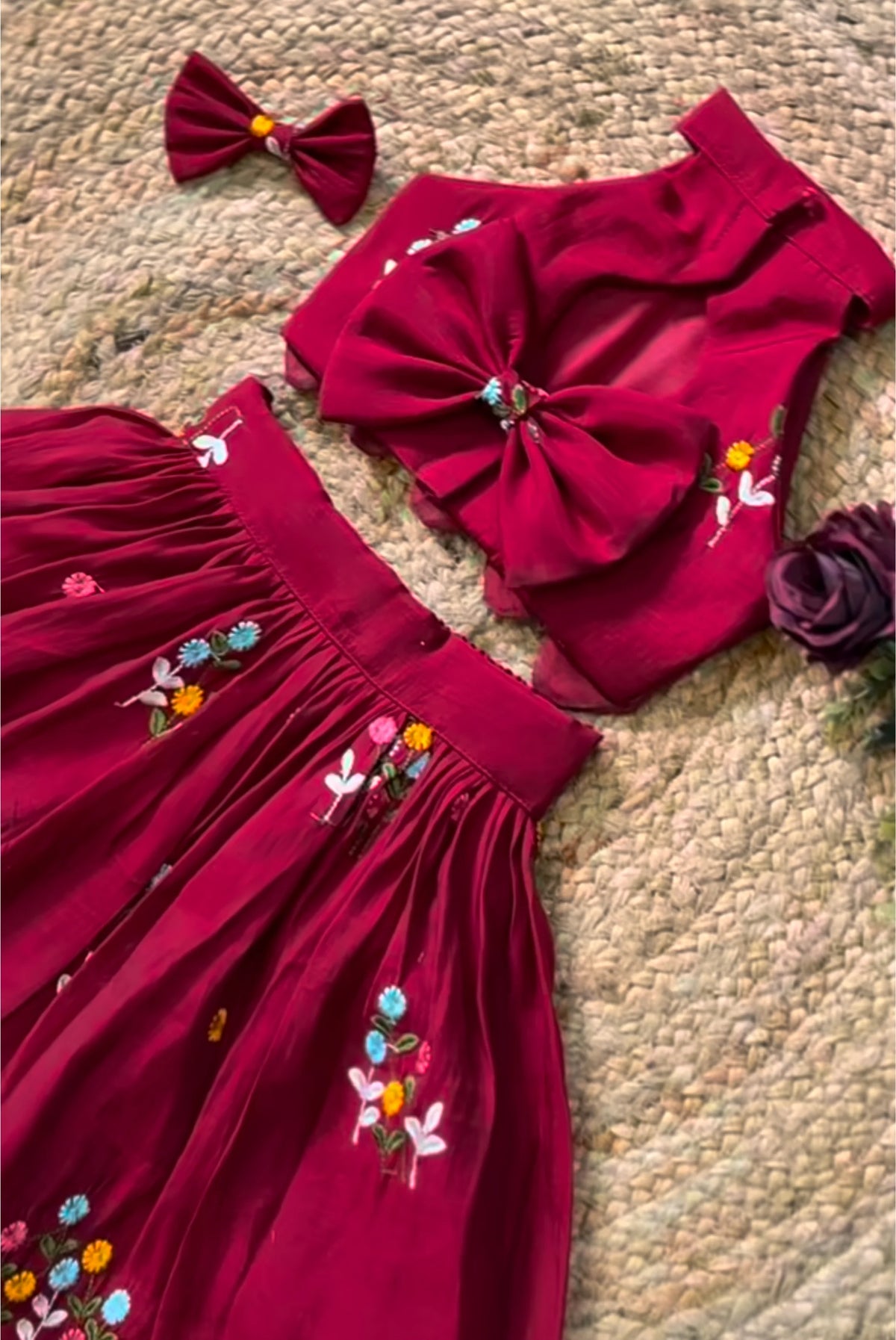 Girls Wine Embroidered Floral Party Wear Frock with Bow Hair Accessories