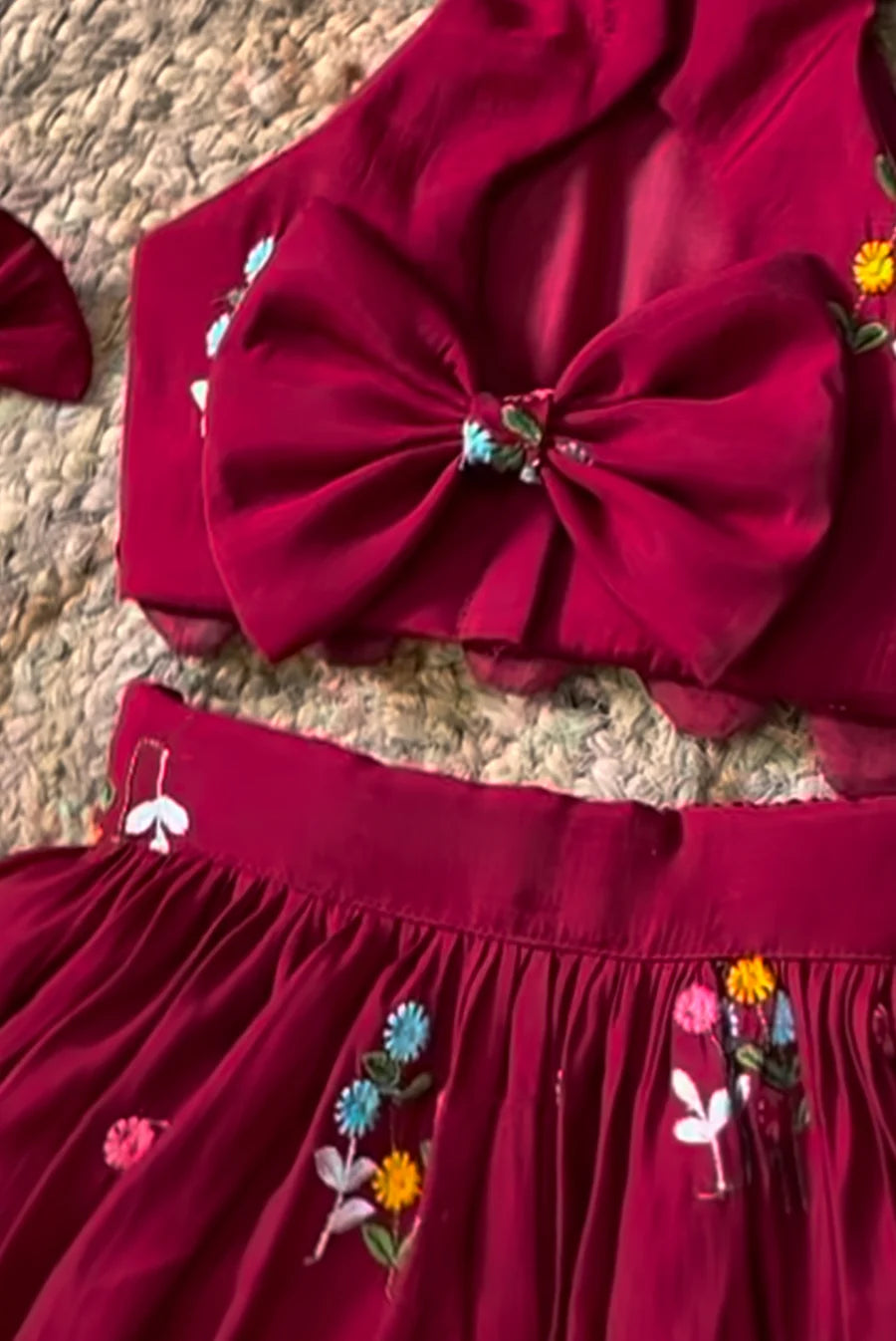 Girls Wine Embroidered Floral Party Wear Frock with Bow Hair Accessories