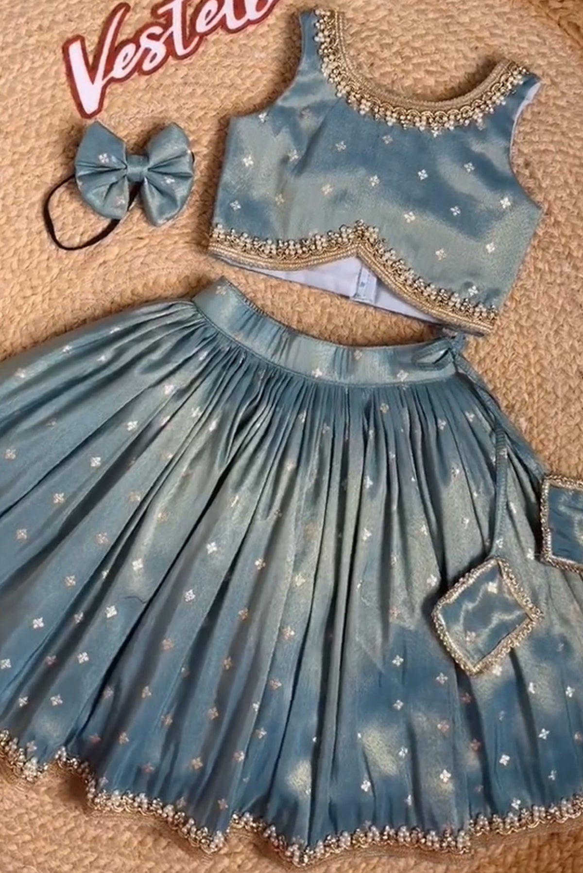 Dusty Blue Pearl Border Pleated Lehenga Choli Set with Bow Headband for Girls