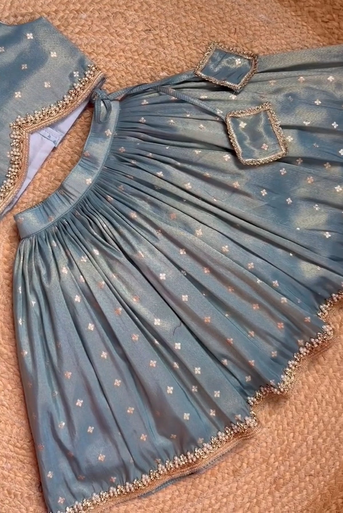 Dusty Blue Pearl Border Pleated Lehenga Choli Set with Bow Headband for Girls