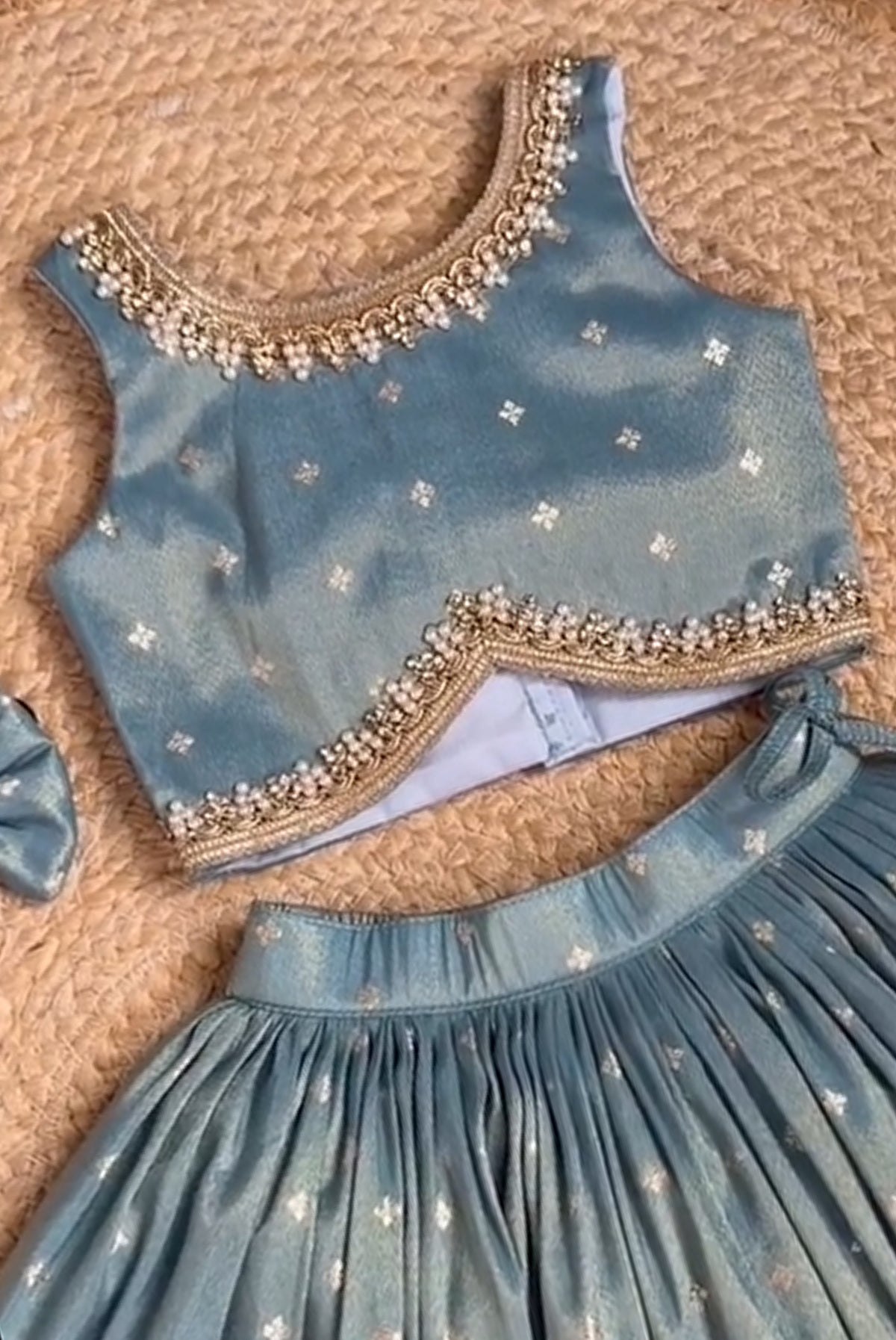 Dusty Blue Pearl Border Pleated Lehenga Choli Set with Bow Headband for Girls