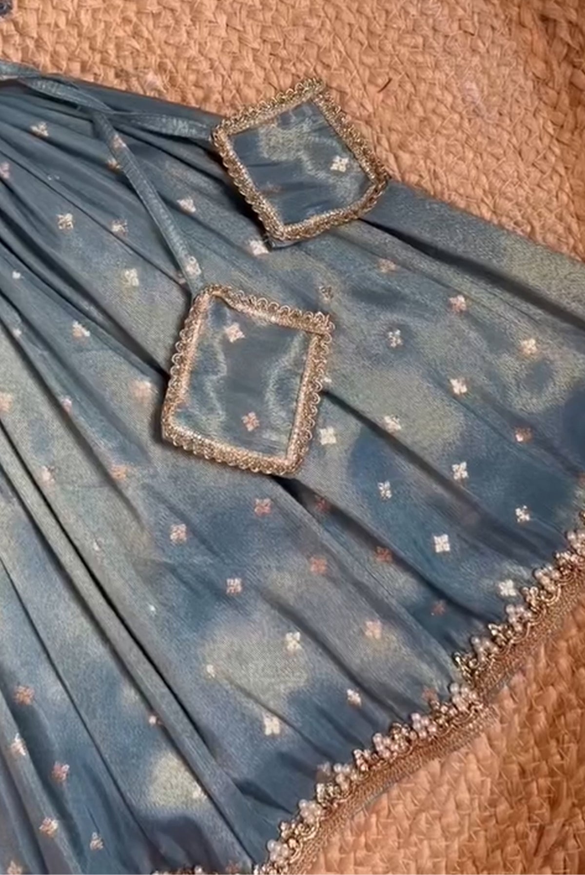 Dusty Blue Pearl Border Pleated Lehenga Choli Set with Bow Headband for Girls