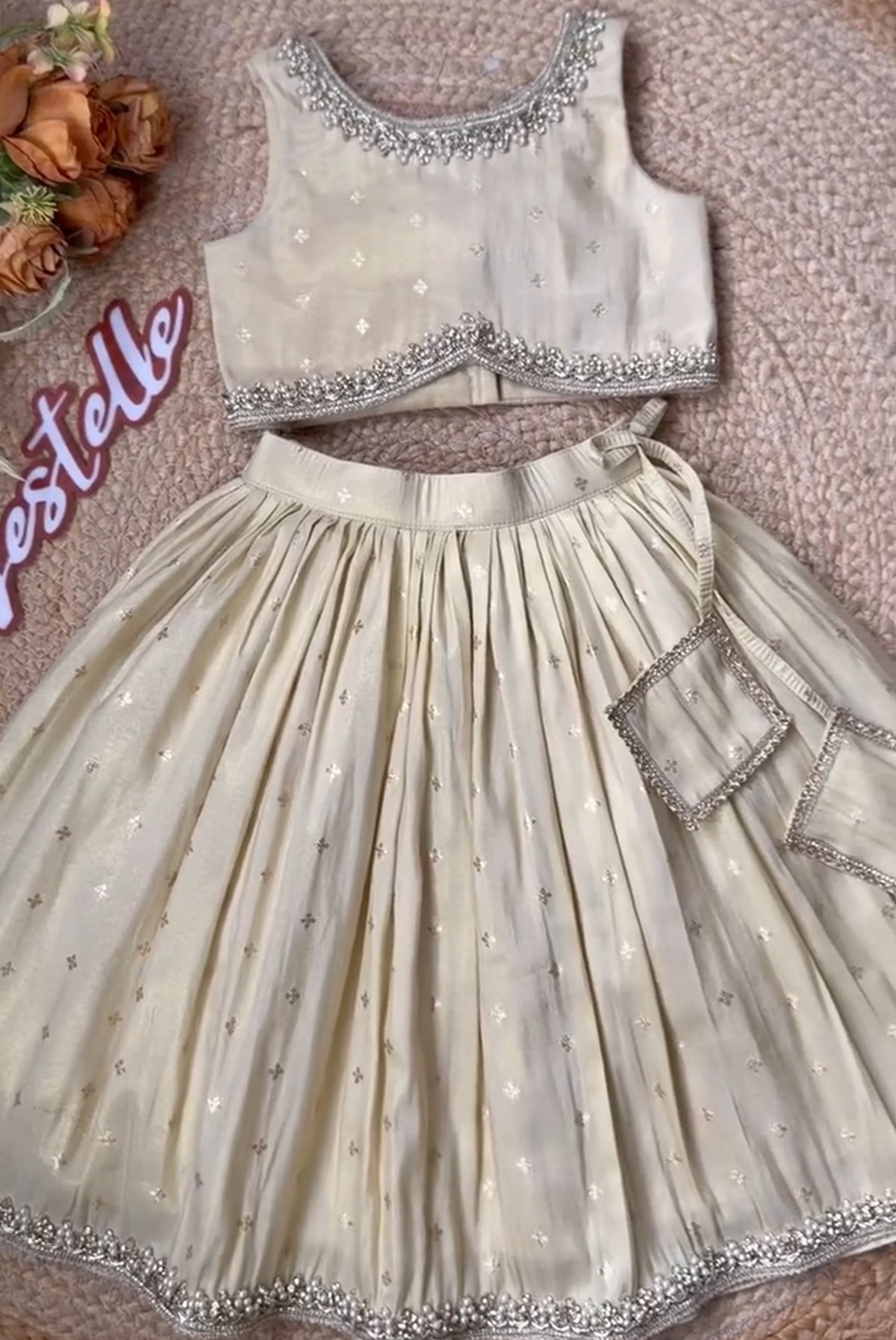 Ivory Sparkle – Elegant Pearl Embellished Kids Lehenga Choli