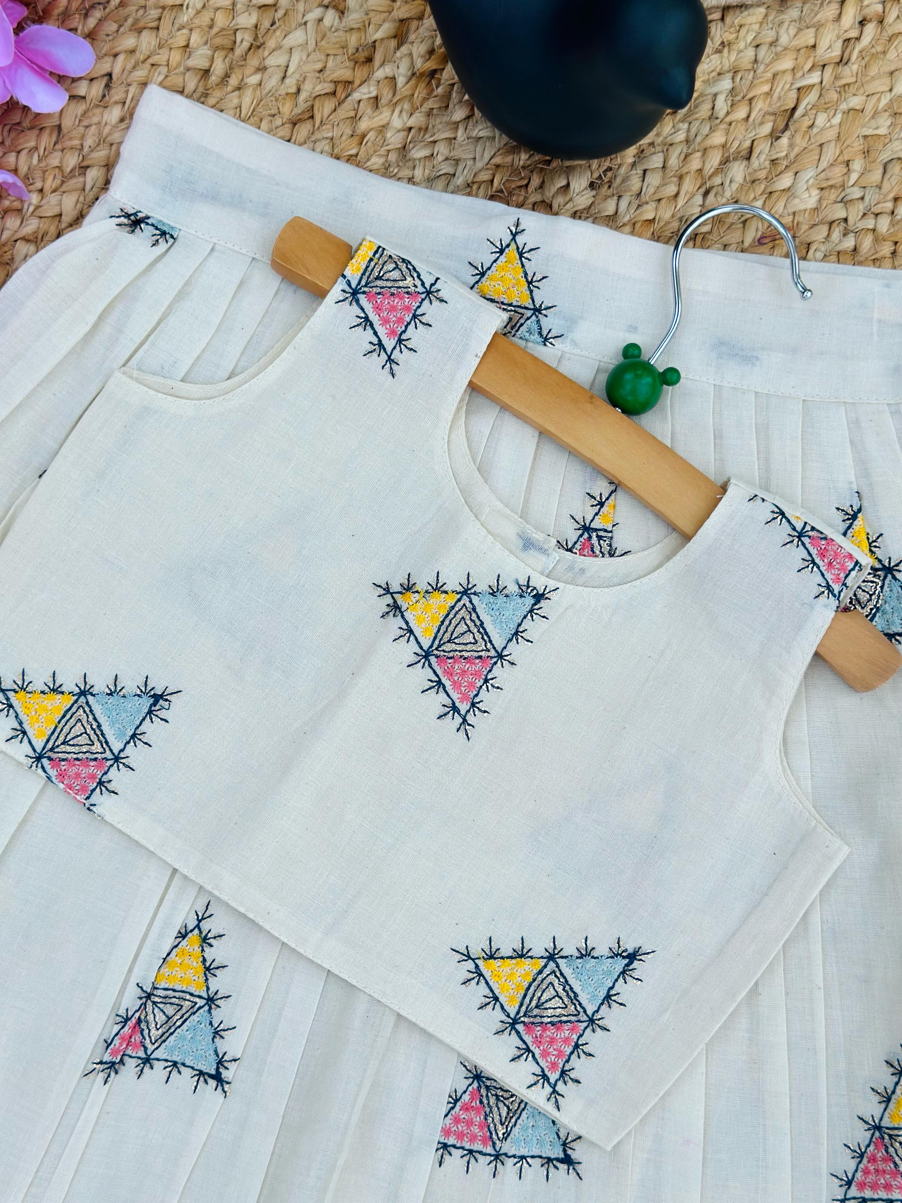 Girls Geometric Embroidered Lehenga Choli Set – Off White Pastel Theme