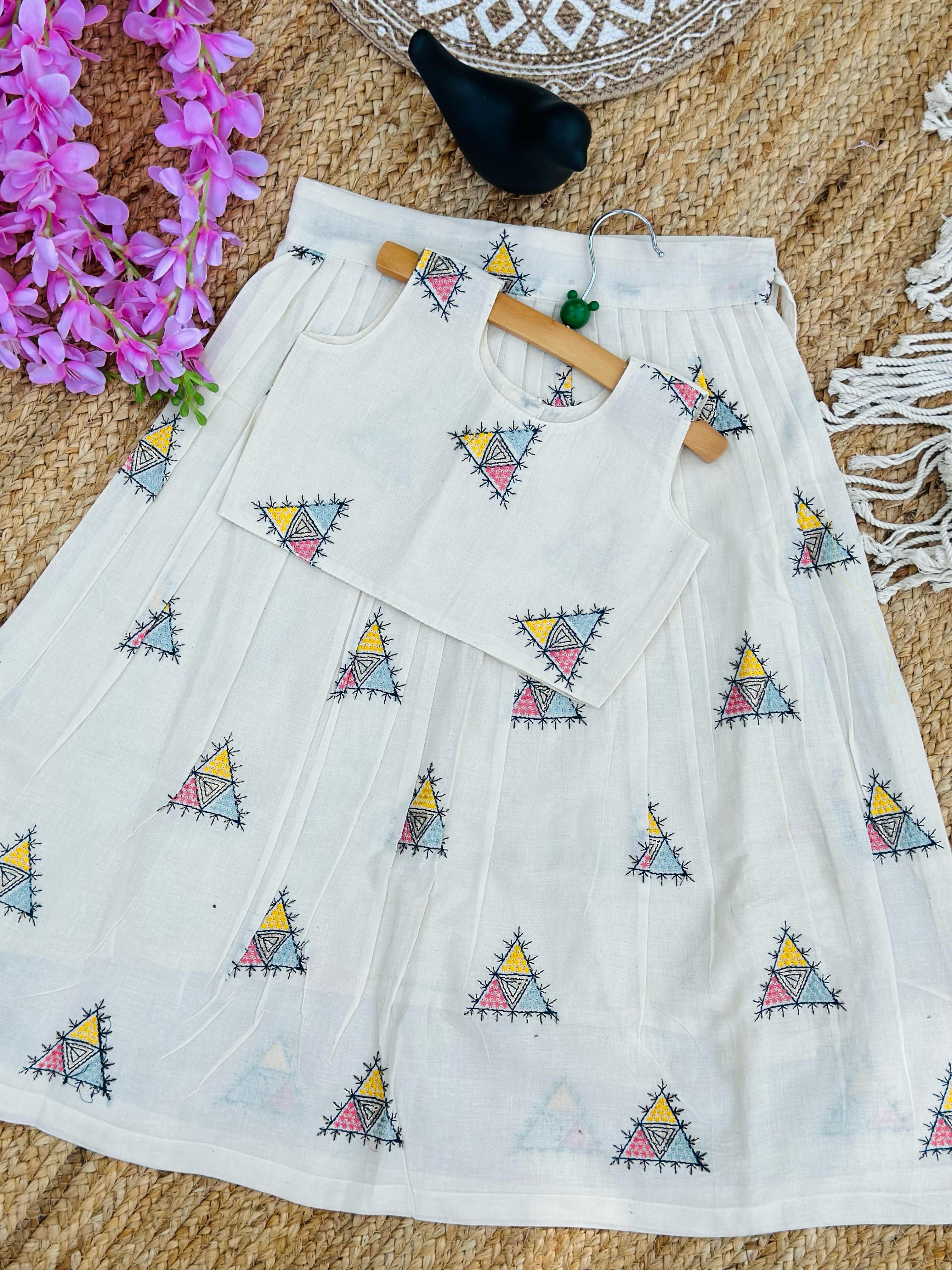 Girls Geometric Embroidered Lehenga Choli Set – Off White Pastel Theme