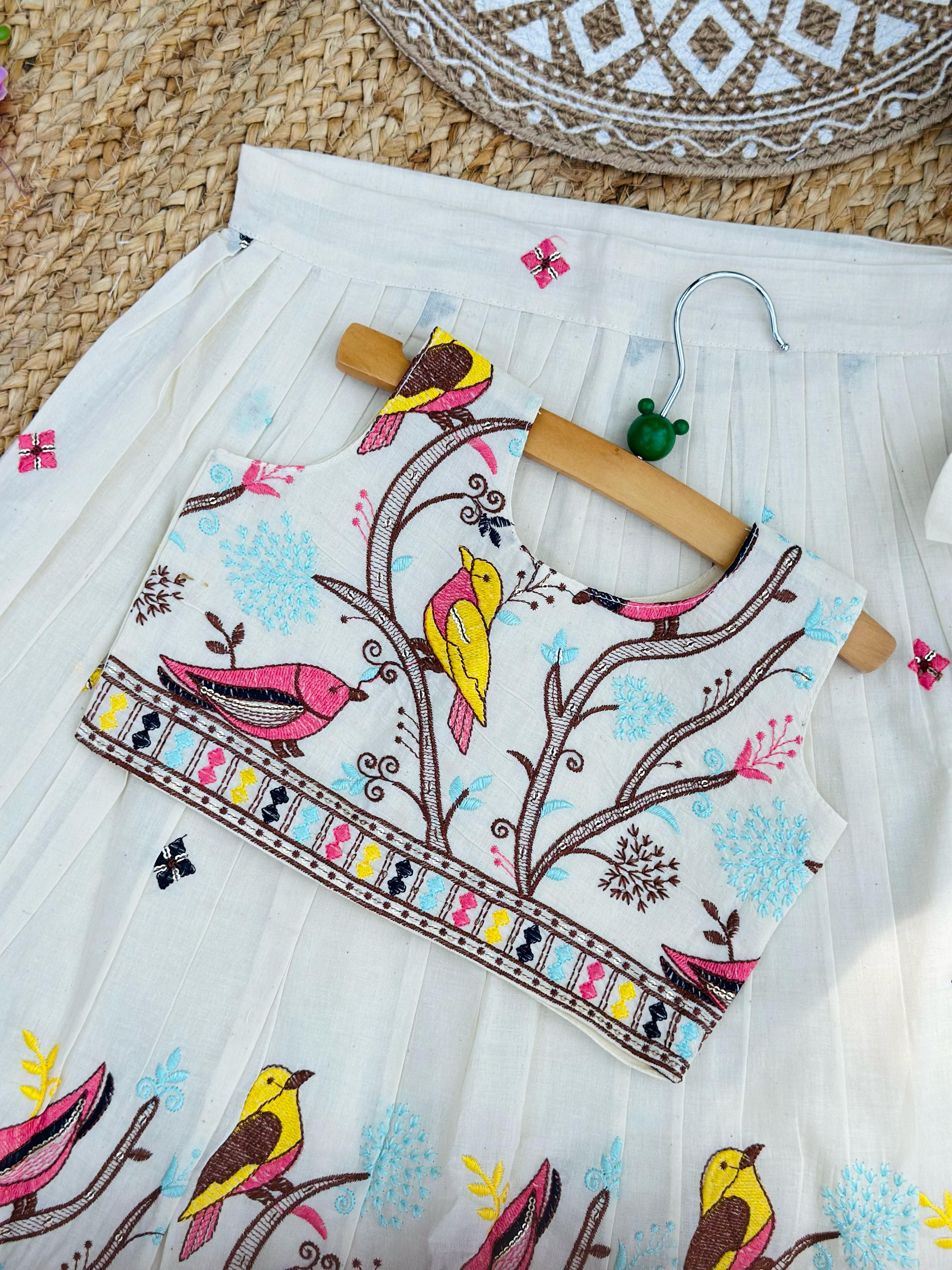Baby Girl Ivory Bird Embroidered Lehenga Choli Set with Bow