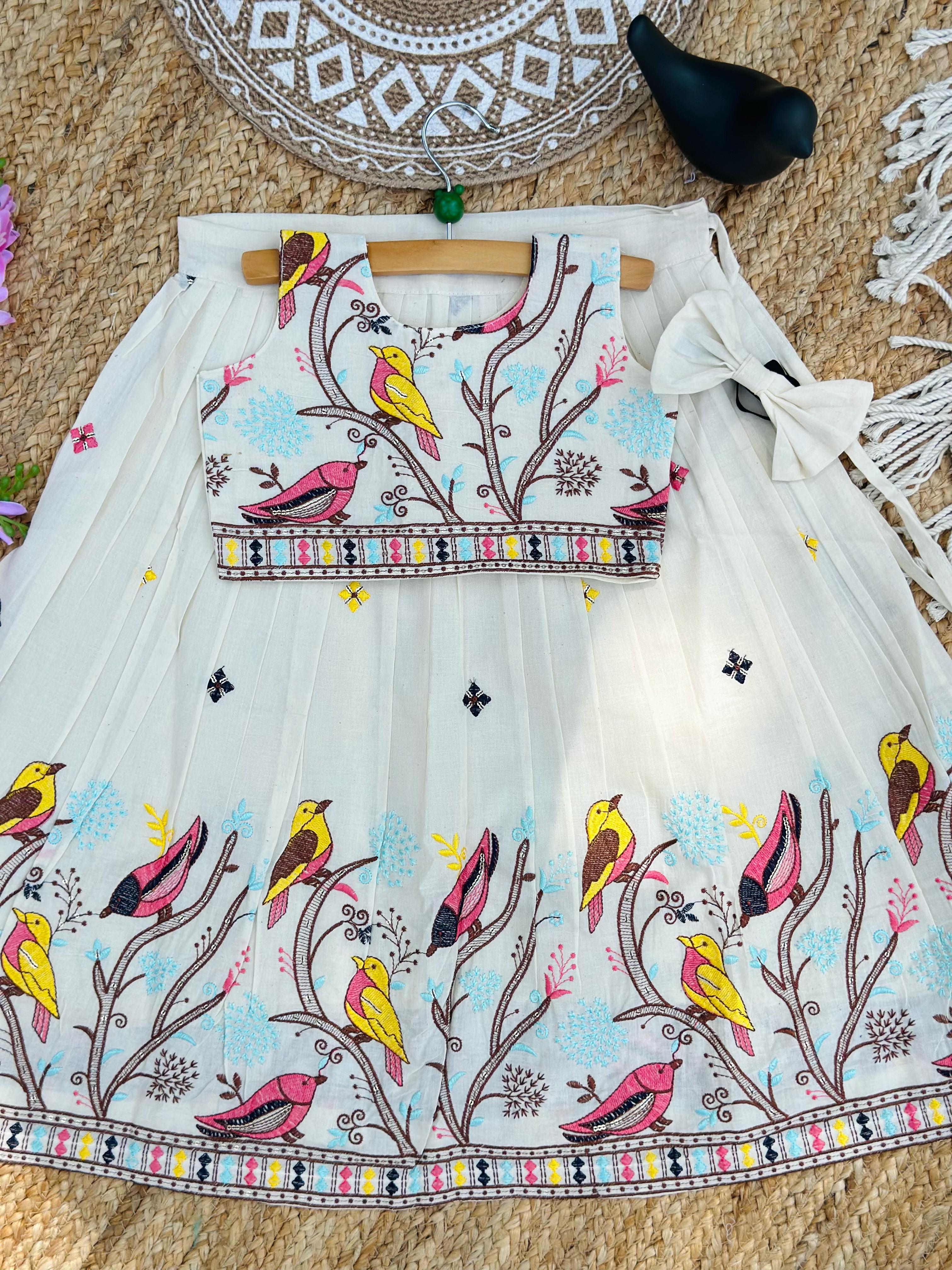 Baby Girl Ivory Bird Embroidered Lehenga Choli Set with Bow