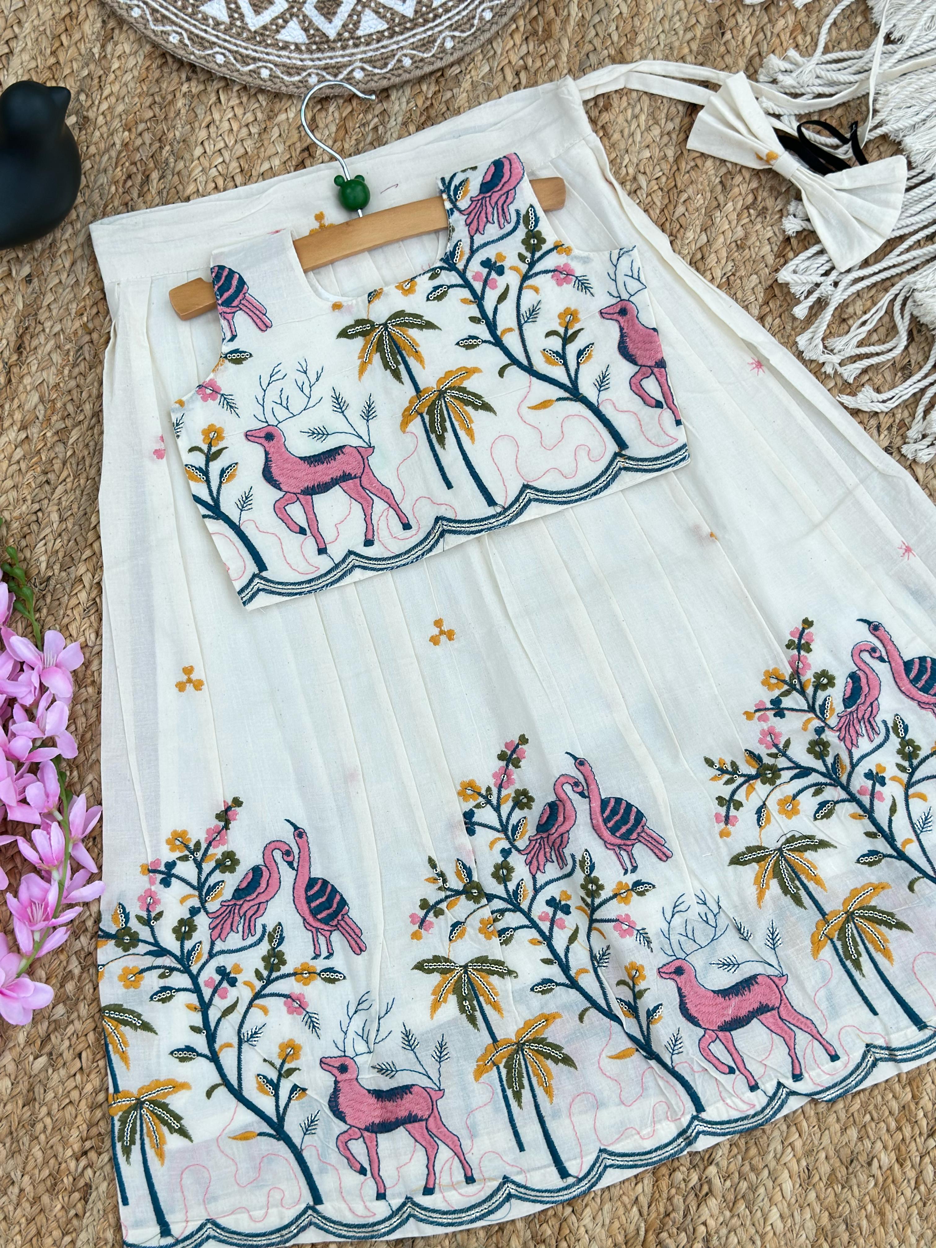 Girls Designer Embroidered Lehenga Choli Set – Off White Multicolor
