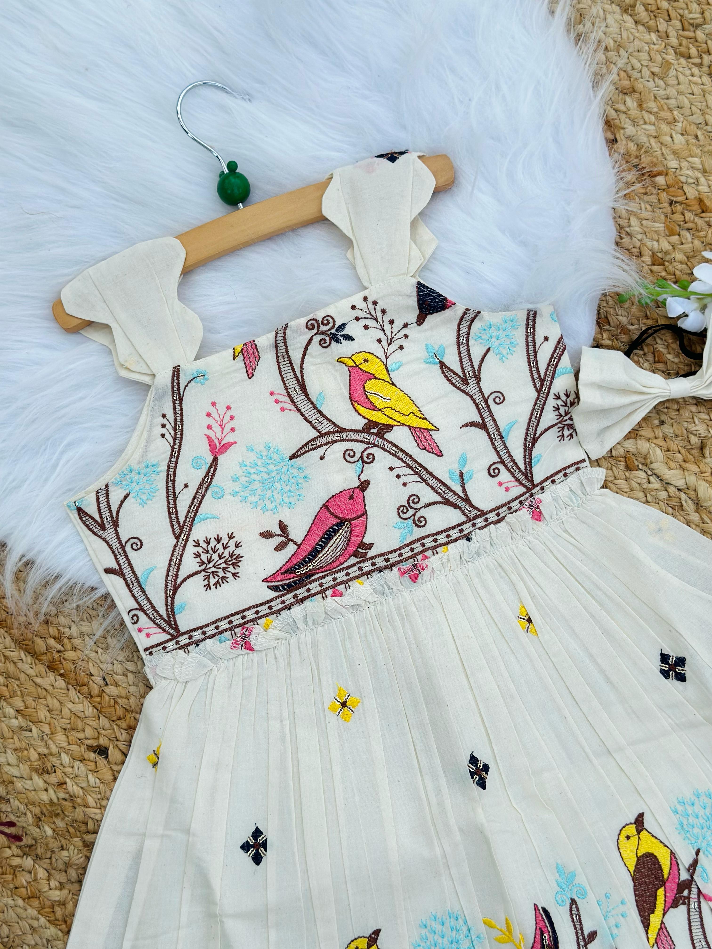 Girls Premium Bird Embroidered Frock – Off White Festive Party Dress