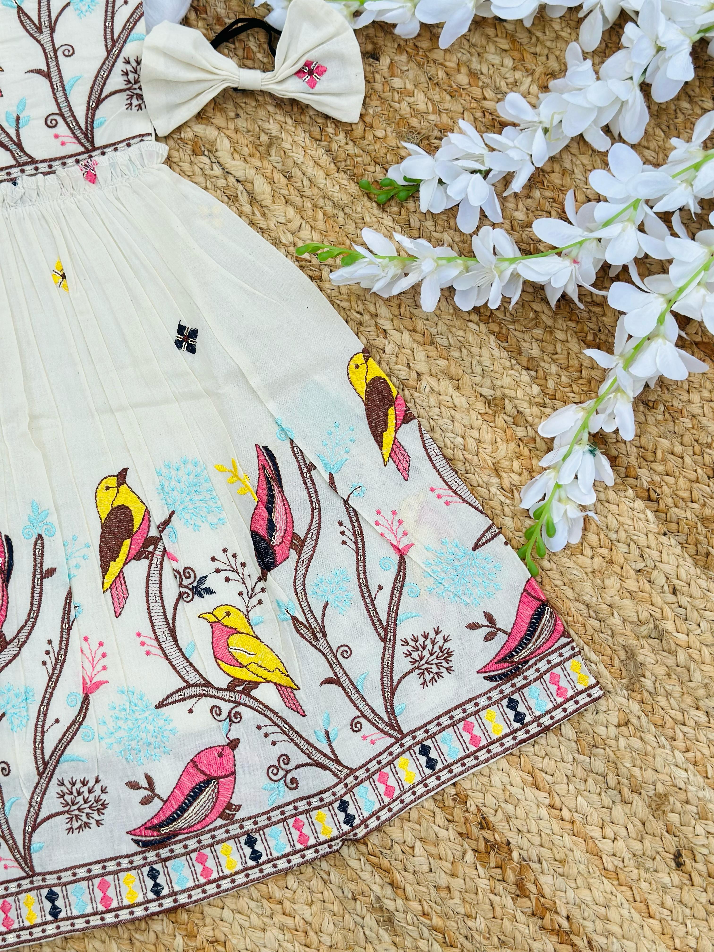 Girls Premium Bird Embroidered Frock – Off White Festive Party Dress
