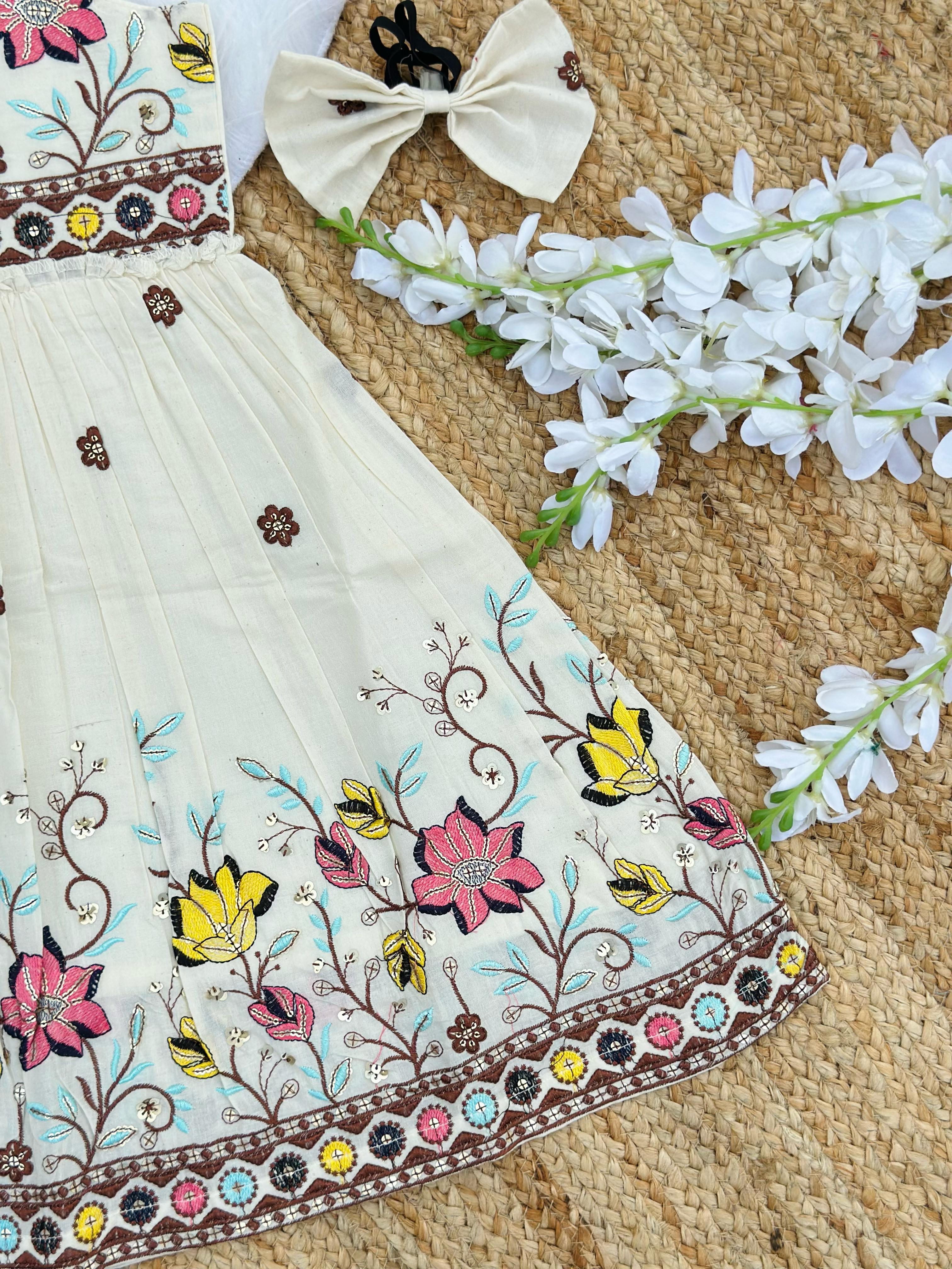 Girls Premium Floral Embroidered Frock – Off White Designer Party Dress